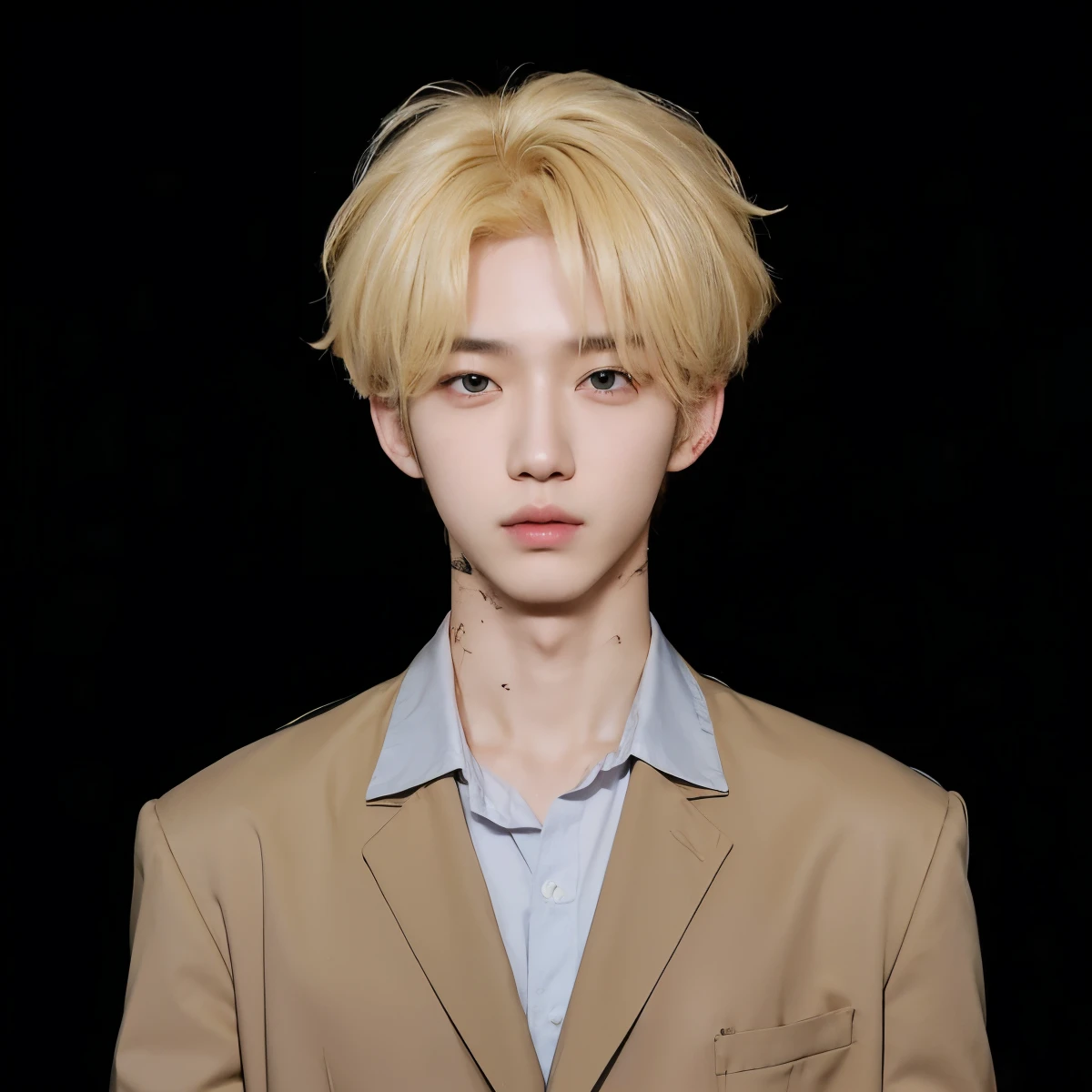 Real life adaption of this character, ((Korean handsome face)), Realistic eyes,((realistic very Messy blonde hair)), realistic blonde hair, ((realistic same outfit)), hyper realistic, realism, realistic light, realistic shadow,(photorealistic:1.2),Cool expression