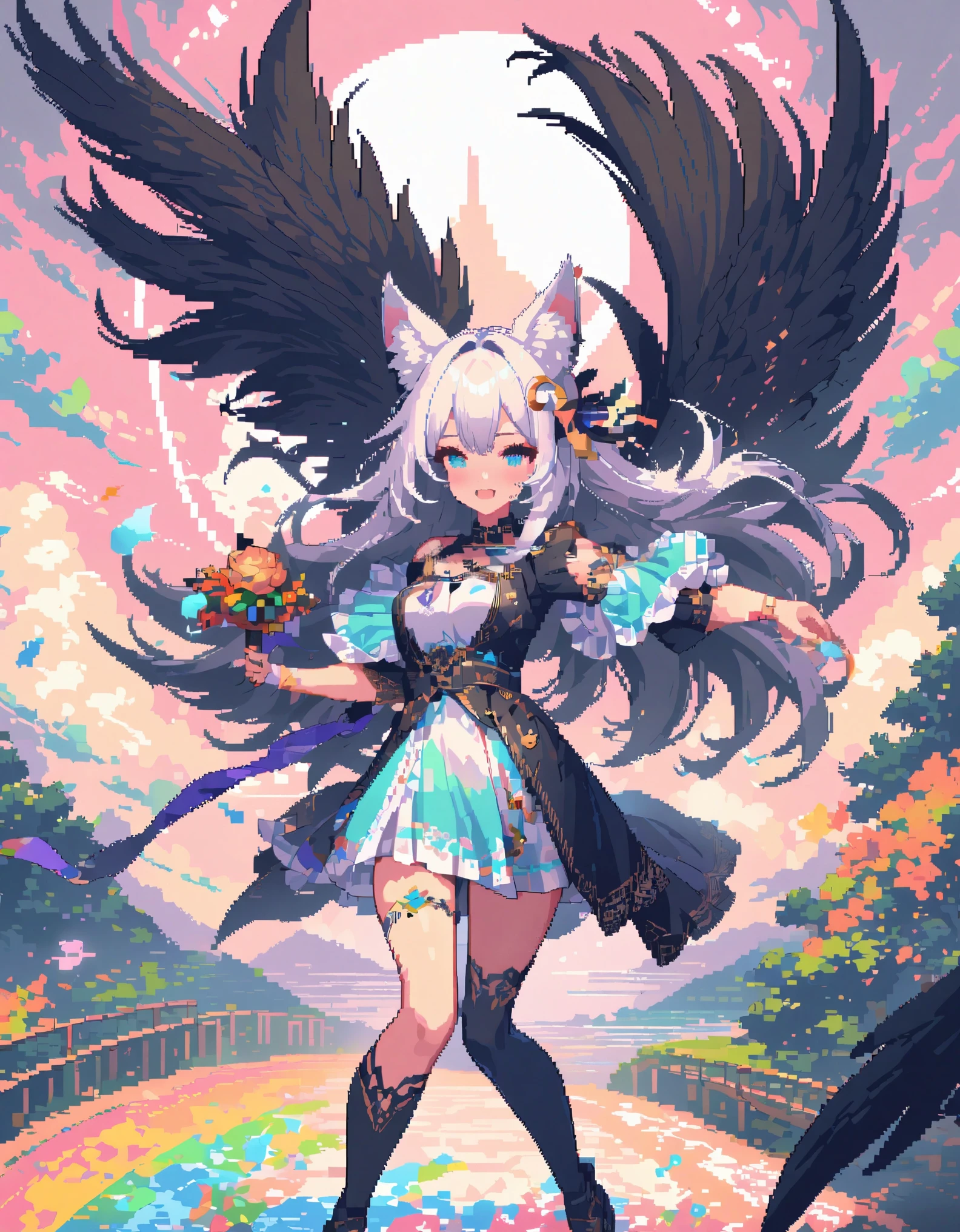 Best quality,masterpiece,1girl,animal ears,black wings,white hair,crescent,fox ears,hair ornament,holding,pastel color,minute details,pixel art,colorful,pixel line pixel pattern super pixel,dynamic angle,dynamic pose,dynamic pov,