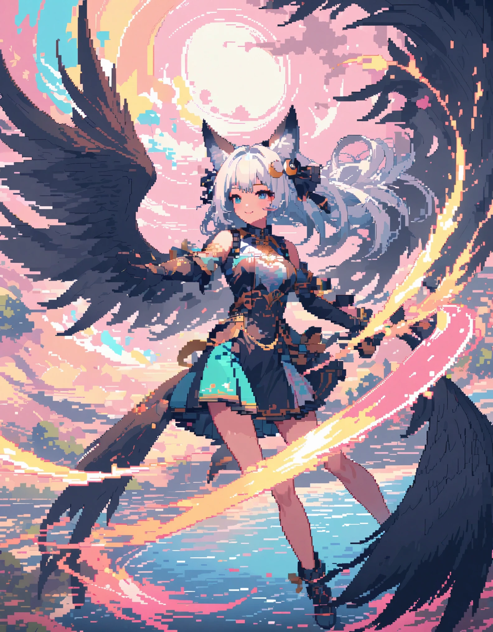 Best quality,masterpiece,1girl,animal ears,black wings,white hair,crescent,fox ears,hair ornament,holding,pastel color,minute details,pixel art,colorful,pixel line pixel pattern super pixel,dynamic angle,dynamic pose,dynamic pov,