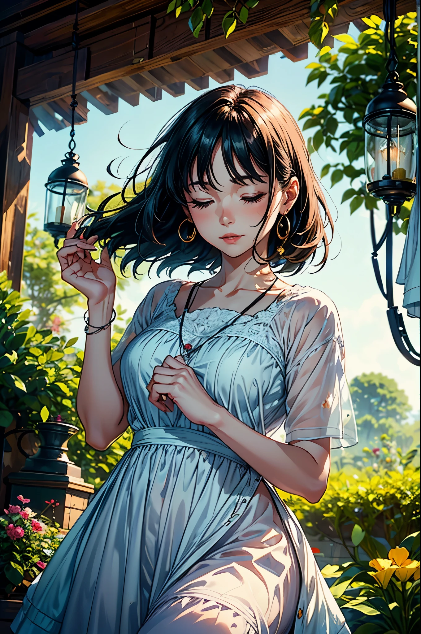 In a quaint garden, a mature woman admired a delicate wind chime swaying in the gentle breeze. Its tinkling melody echoed through the air, enchanting her senses. Mesmerized by the chime's harmonious dance, woman's heart soared with every musical note. As she closed her eyes, she could almost feel the whispers of the wind carrying her dreams and aspirations. In that moment, the wind chime became a symbol of hope and inspiration, reminding the woman to embrace life's melodies and find joy in the simplest of moments, two tone lighting, dynamic lighting