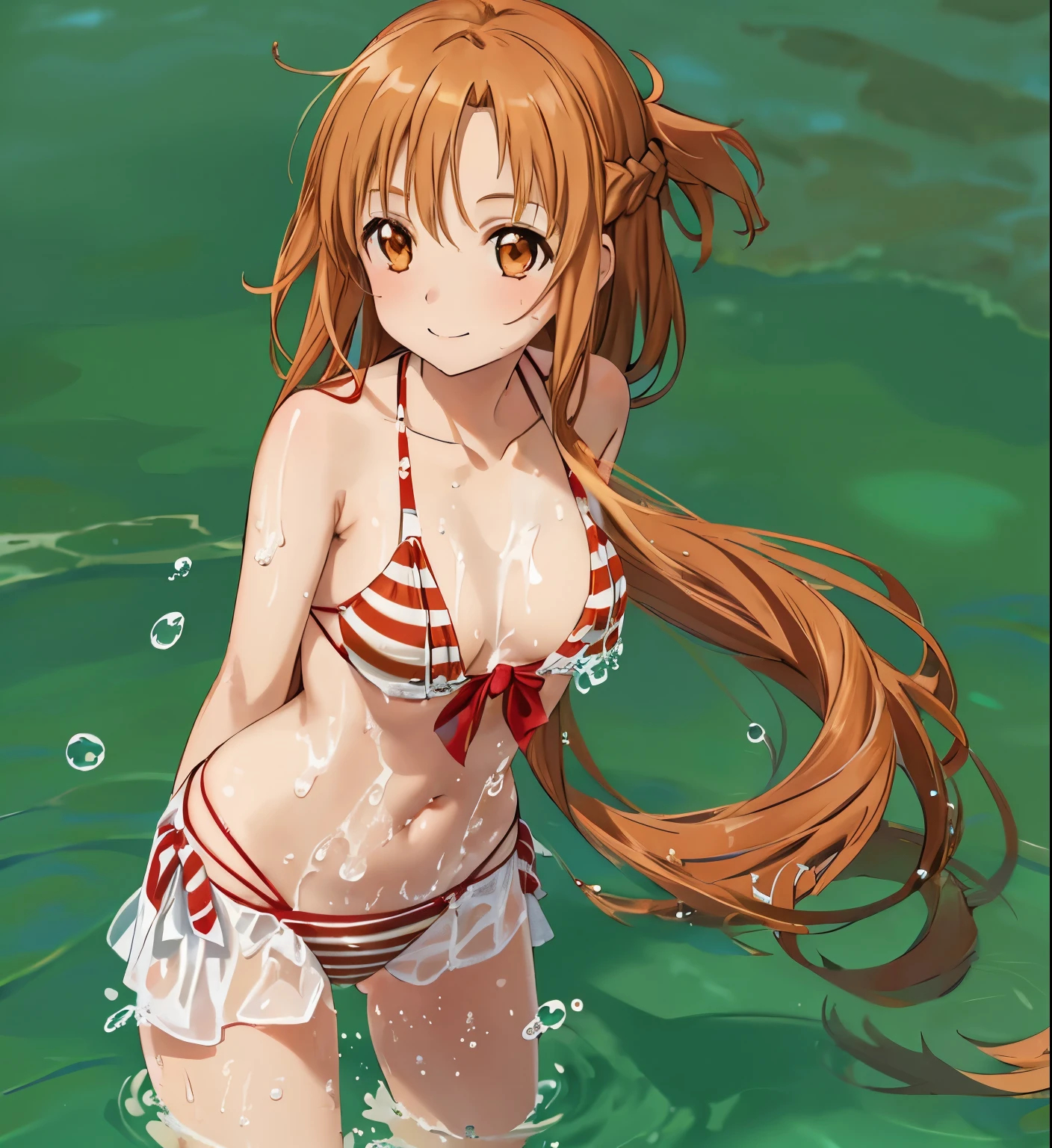 1girl,asuna yuuki,bikini ,brown eyes,brown hair ,closed mouth,collarbone,medium breasts ,long hair,looking at viewer,navel,partially submerged,red bikini ,smile,solo,striped,striped bikini,swimsuit ,very long hair, in water, beach background,
