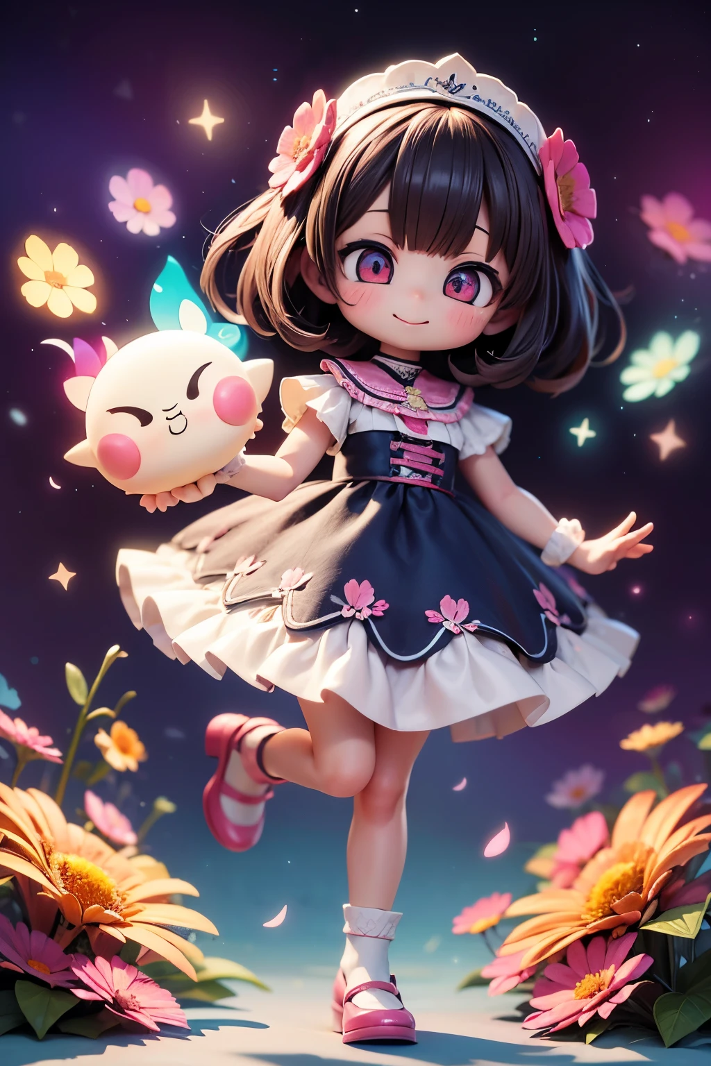 Extremely detailed,(Fractal Art:1.1),(Colorful:1.1)(Flowers:1.3)、 (Dynamic Pose), (Abstract background:1.3)、(Many colors:1.4)、Place one small doll on a circular stand、kawaii pose、A smile、A dark-haired、Chibi Doll、Stars in the eyes(kirakira)、Singing with microphone in hand、Eye Up、Laugh、Cute red shoes、Ultra Detail, radiant light、bio luminescent、Stronger bokeh effect、Taken from the side