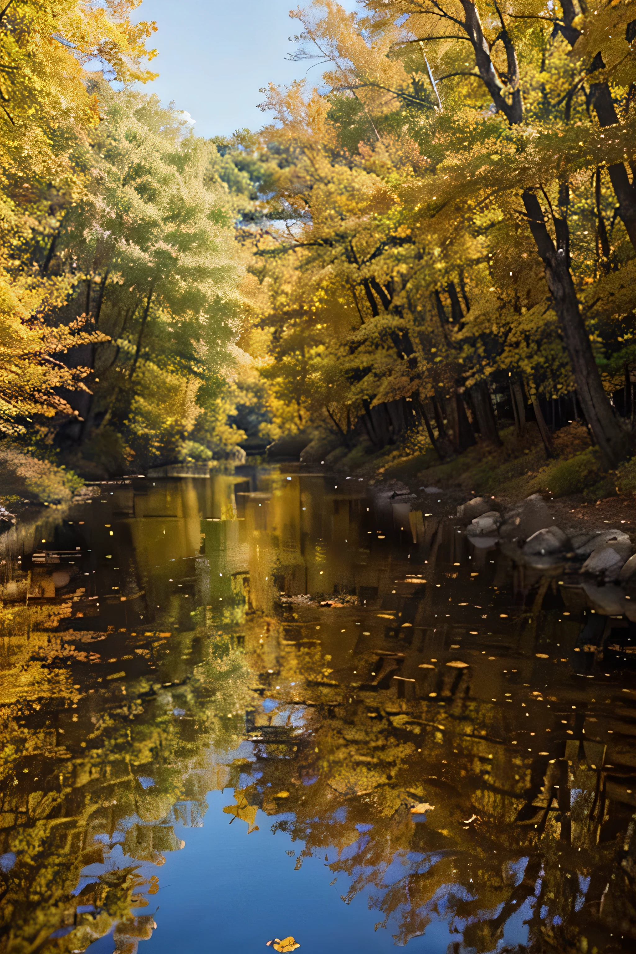 arafed view of a river with yellow leaves on the ground, breath-taking beautiful trees, breath - taking beautiful trees, golden autumn, golden leaves, amazing depth, really beautiful nature, beautiful trees, golden colors, magical leafs falling, ( visually stunning, national geographic photography, highlight, incredible reflections, amazing color photograph, natural landscape beauty, very beautiful scenery