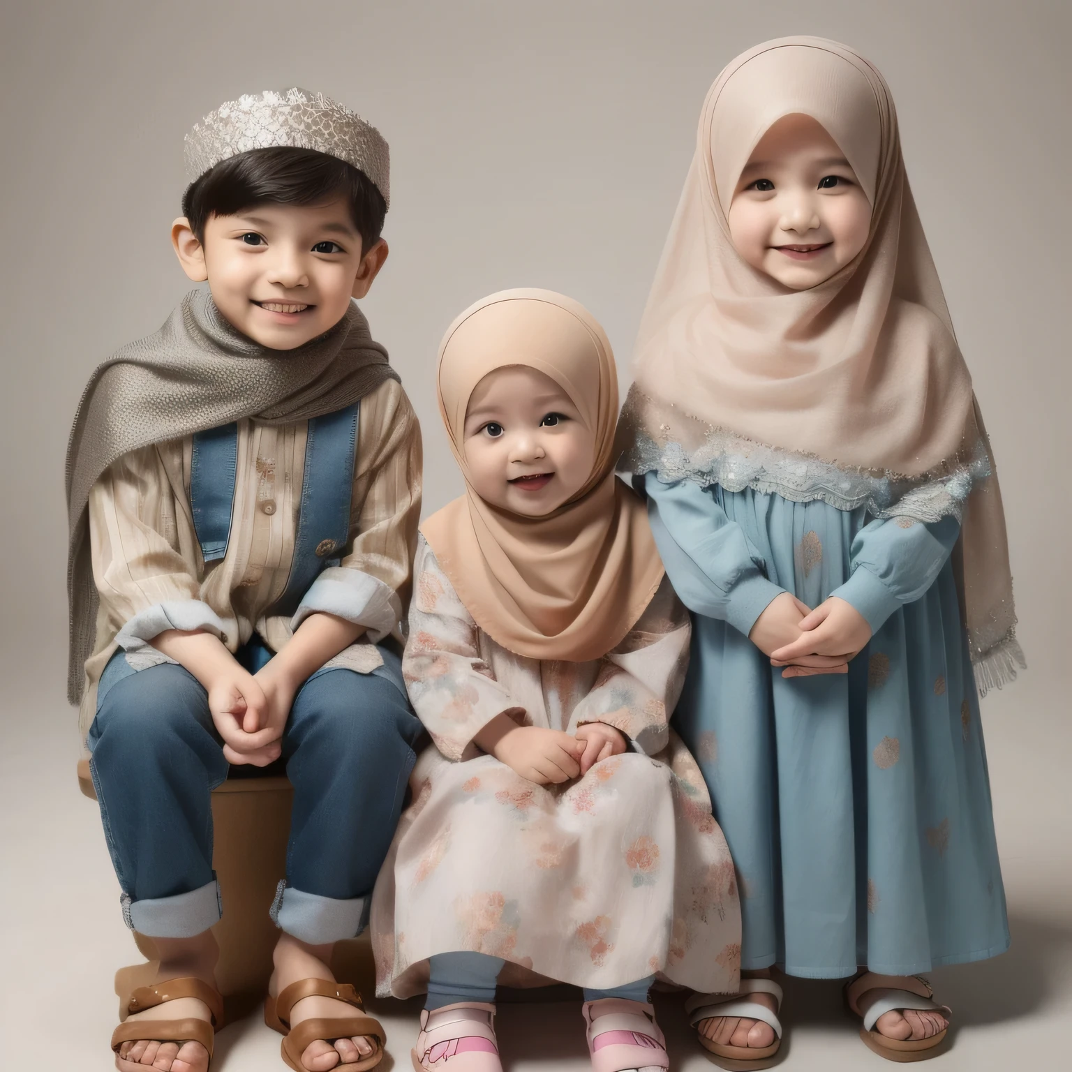 Foto studio seorang anak laki-laki usia 5 tahun, anak perempuan berusia 4 berhijab, bayi perempuan  berusia 2 tahun berhijab asal indonesia, berpakaian muslim senada, memakai sepatu sandal. Tersenyum menghadap depan, Hyper realistic, ultra hd, 8K, 16K.