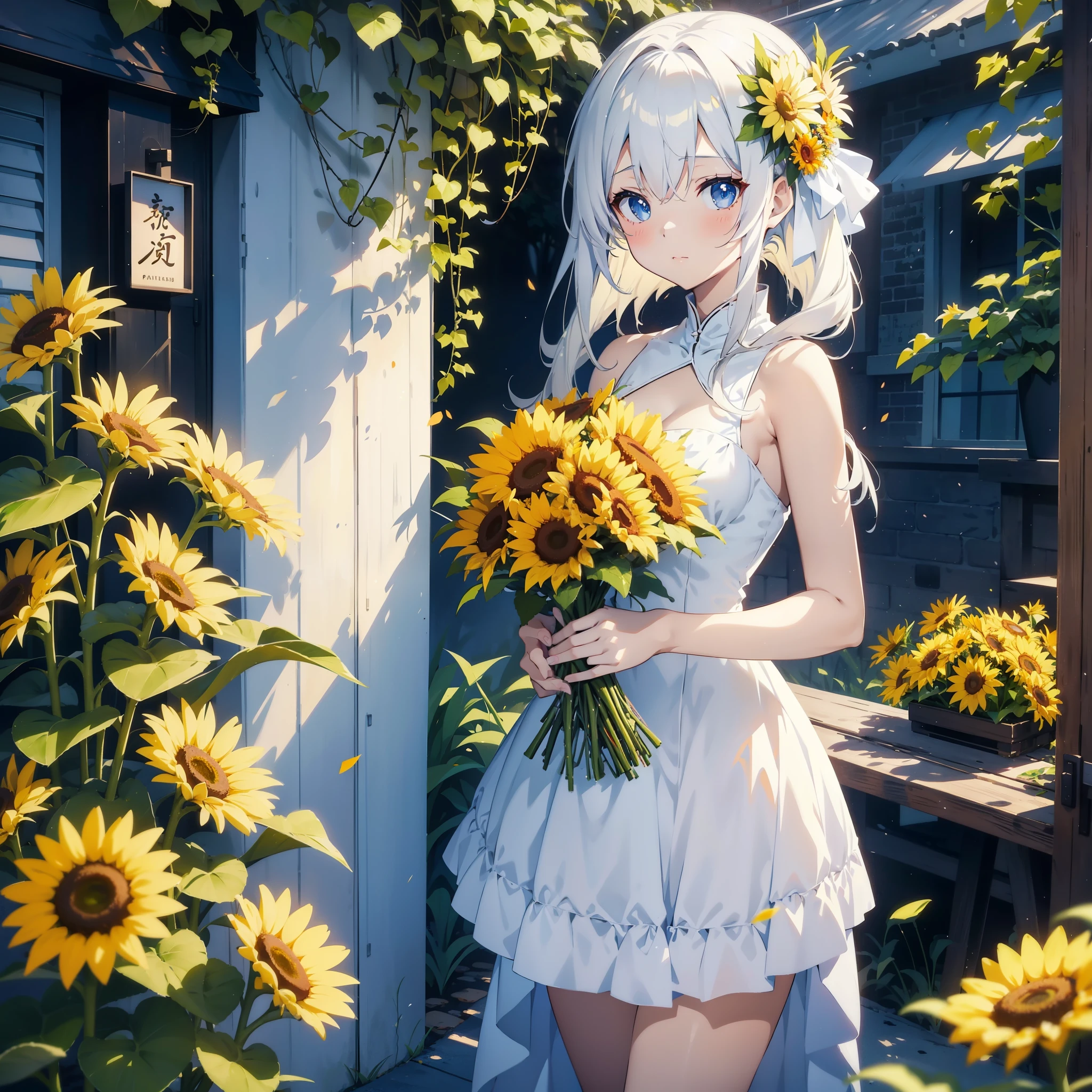 anime girl in a white dress holding a bouquet of yellow flowers, guweiz on pixiv artstation, guweiz on artstation pixiv, artwork in the style of guweiz, trending on artstation pixiv, guweiz, anime style 4 k, 🌺 cgsociety, beautiful sunflower anime girl, cute anime waifu in a nice dress