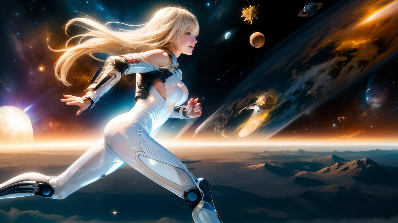 Running through space with planets in the background、(master piece)、(best quality)、high contrast、(fine)、(beautiful)、(one android girl)、(Smooth white transparent bodysuit:1.2)、milky blonde hair、A story told by a distant star、Keep running on the eternal journey、A slightly smiling face,