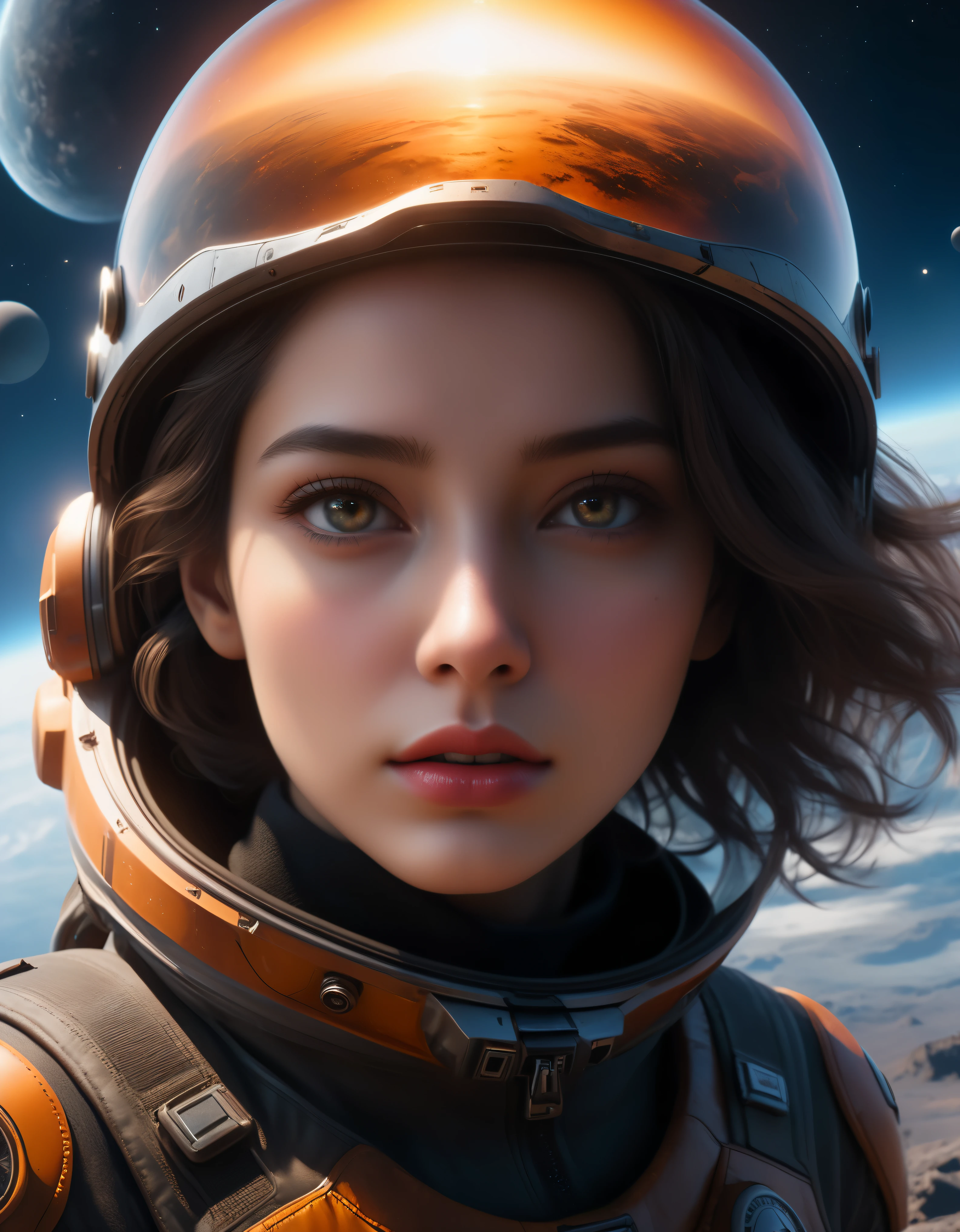 ((Masterpiece in maximum 16K resolution):1.6),((soft_color_photograpy:)1.5), ((Ultra-Detailed):1.4),((Movie-like still images and dynamic angles):1.3), ((Ultra wide angle):1.5),((fisheye lens photo):1.3). | (Cinematic photo of Alien Planet Landscape), (Nearby Moons with visible lakes), ((beautiful female space explorer):1.2), ((tyndall effect):1.1), ((exotic night sky):1.2), ((sense of discovery):1.1), (shimmer), (visual experience), (Realism), (Realistic), award-winning graphics, dark shot, film grain, extremely detailed, Digital Art, rtx, Unreal Engine, scene concept anti glare effect, All captured with sharp focus.

Rendered in ultra-high definition with UHD and retina quality, this masterpiece ensures anatomical correctness and textured skin with super detail. With a focus on high quality and accuracy, this award-winning portrayal captures every nuance in stunning 16k resolution, immersing viewers in its lifelike depiction. Avoid extreme angles or exaggerated expressions to maintain realism.

((perfect_composition, perfect_design, perfect_layout, perfect_detail, ultra_detailed)), ((enhance_all, fix_everything)), More Detail, Enhance.