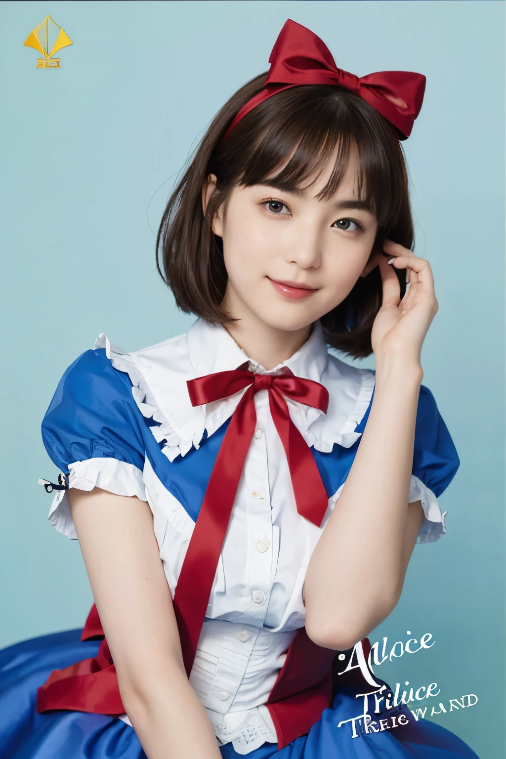 189 (alice in wonderland), (She wears a large triangular ribbon on her head.), short hair, young woman, gentle smile, colorful clothes