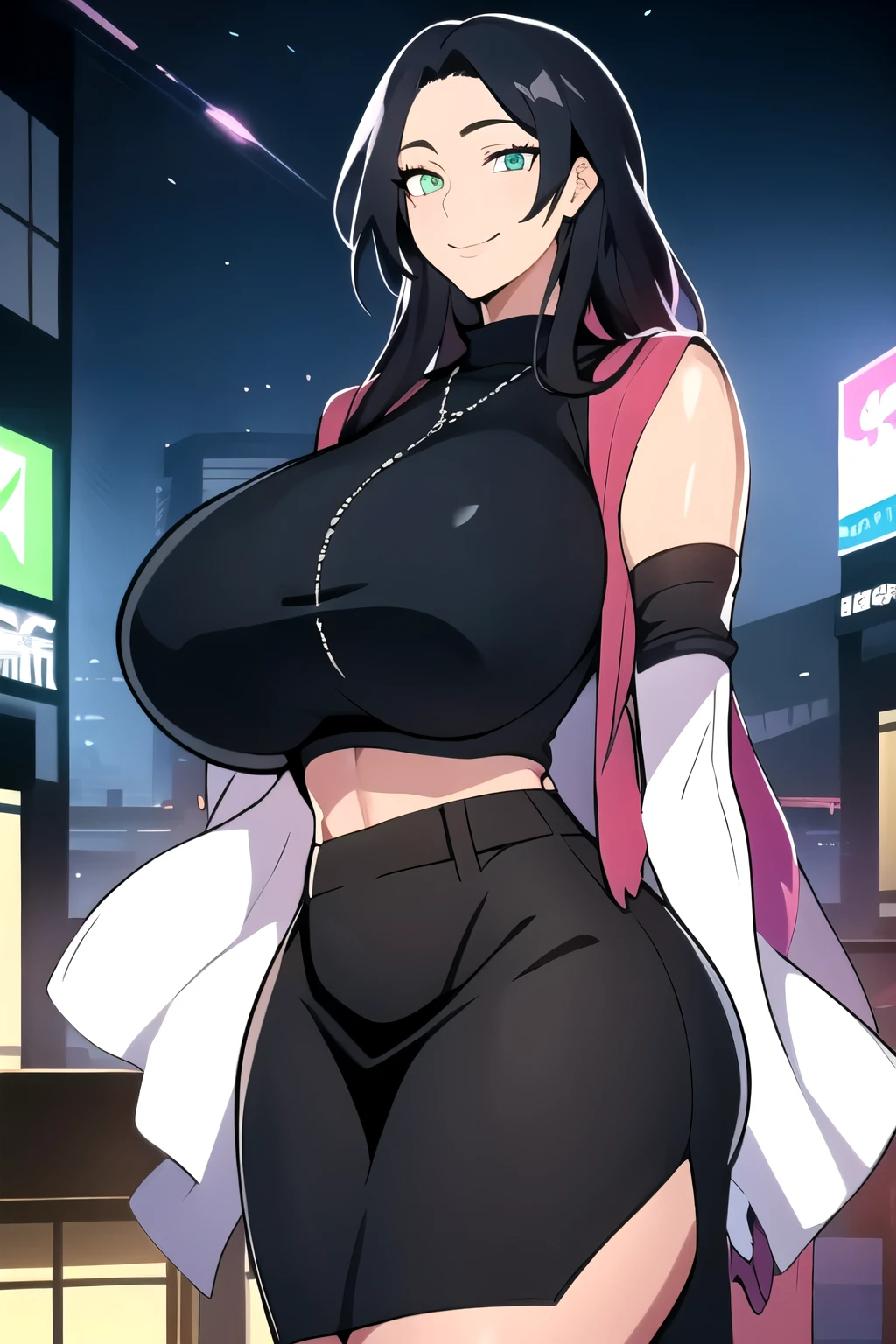 masterpiece, best quality, matsumoto rangiku, beautiful lighting, ((black hair: 1.1)), long hair, turtleneck, crop top, pencil skirt, underboob, necklace, gigantic breasts, (green eyes: 1.1), standing, looking at viewer, smile, japanese architecture, cowboy shot, shiny skin, gigantic breasts, curvy, seductive smile, bare shoulders, elbow gloves, glowing eyes, Bright eyes,
