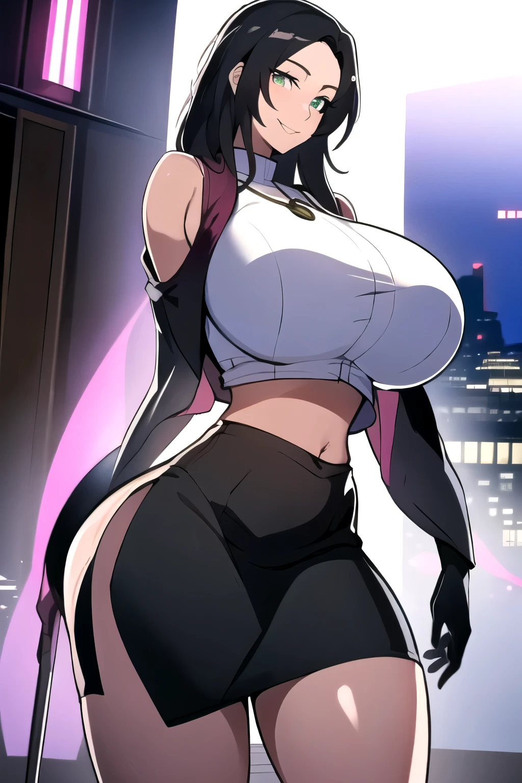 masterpiece, best quality, matsumoto rangiku, beautiful lighting, ((black hair: 1.1)), long hair, turtleneck, crop top, pencil skirt, underboob, necklace, gigantic breasts, (green eyes: 1.1), standing, looking at viewer, smile, japanese architecture, cowboy shot, shiny skin, gigantic breasts, curvy, seductive smile, bare shoulders, elbow gloves, glowing eyes, Bright eyes,