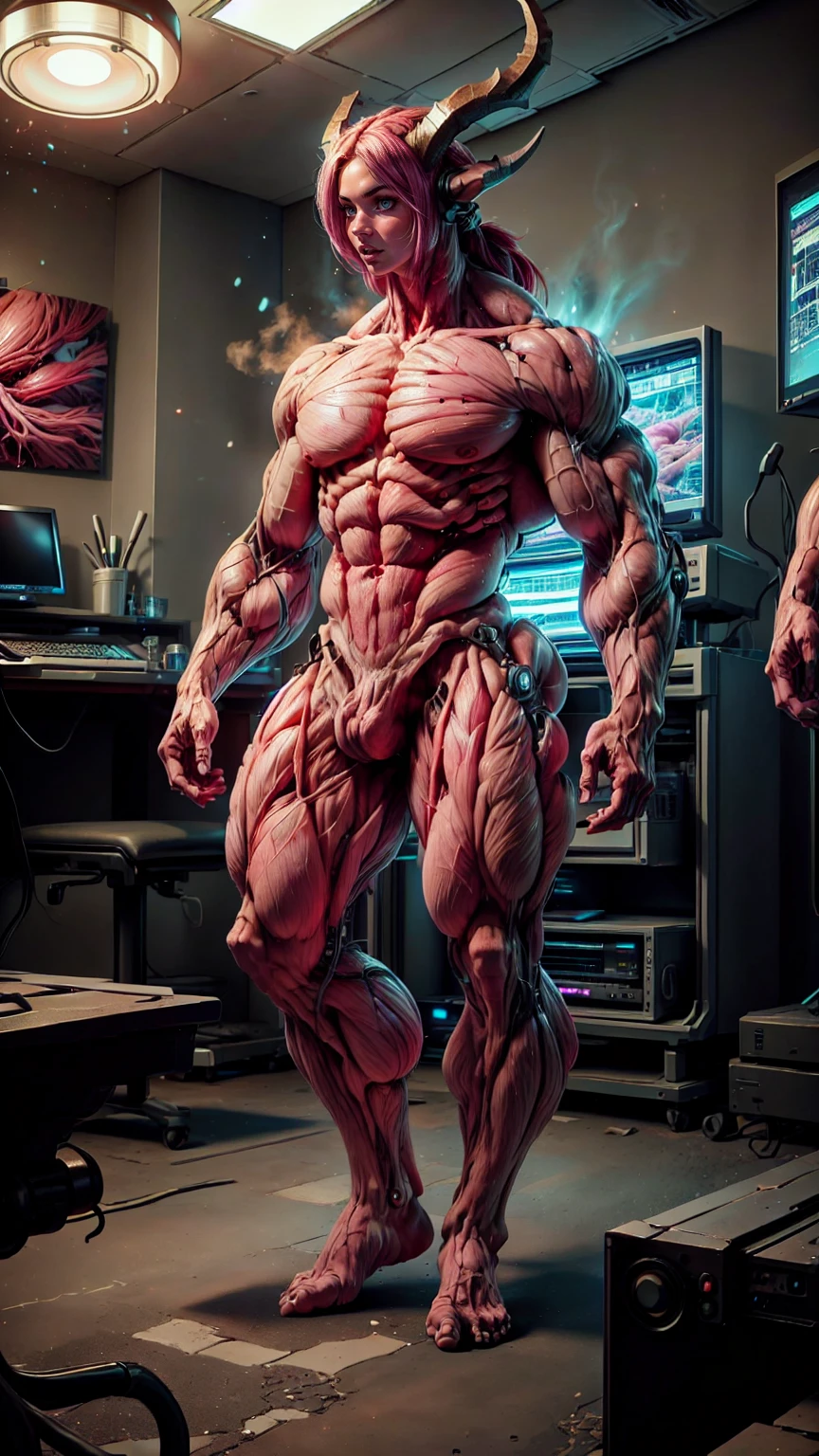 Cinematic, clear facial features and insanely detailed, the image captures the essence of (1 girl), (megan fox:1.25), (long red hair), (carnage skinless bio-mecha:1.25), (1 super muscular undead skinless succubus with gigantic horns:1.25), (covered in red necrotic skinless bio-mecha muscle:1.25), (exposed muscles & veins everywhere:1.25), (perfect fingers:1.25) (full body pose:1.25). The color grading is beautifully done, enhancing the overall cinematic feel. Unreal Engine makes her appearance even more mesmerizing. With depth of field (DOF), every detail is focused and accentuated, drawing attention to her eyes and hair. Peak image resolution utilizing super-resolution technology ensures pixel perfection. Cinematic lighting enhances her aura, while anti-aliasing techniques like FXAA and TXAA keep the edges smooth and clean. Adding realism to the muscular bio-mecha succubus , RTX technology enables ray tracing. Additionally, SSAO (Screen Space Ambient Occlusion) gives depth and realism to the scene, the girl's presence even more convincing. In the post-processing and post-production stages, tone mapping enhances the colors, creating a captivating visual experience. The integration of CGI (Computer-Generated Imagery) and VFX (Visual Effects brings out her demonic features seamlessly . Incredible level of detail, with intricate elements meticulously crafted, the artwork hyper maximalist and hyper-realistic. Volumetric effects add depth and dimension, with unparalleled photorealism. 8k resolution rendering ensures super detailed visuals. The volumetric lighting adds a touch of magic, highlighting her beauty and aura in an otherworldly way. High Dynamic Range (HDR) tech makes the colors pop, adding richness to the overall composition. Ultimately, this artwork presents an unreal, yet stunningly real portrayal of an incredibly beautiful bio-mecha succubus girl. The sharp focus ensures that every feature is crisply defined, creating a captivating presence. (girl face:1.45)