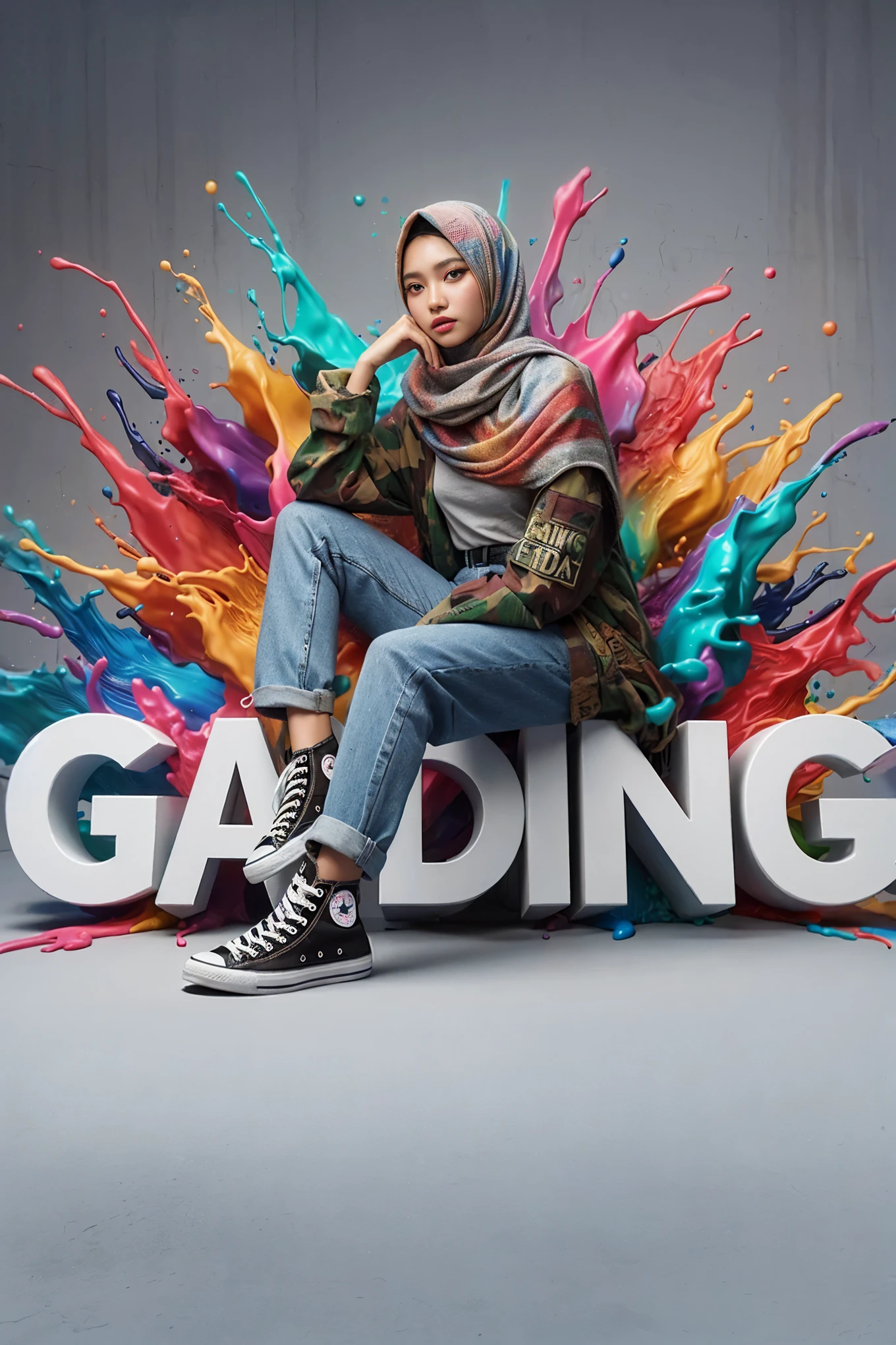 arafed woman sitting on a large sign with colorful paint splashs, inspired by Rudy Siswanto, render amazing, panting, inspired by Shaddy Safadi, trending in behance, fashion posing, paiting, fading, trending artstation, trending on artstation 4k, trending on artstation hd, promotional render, advertising photography, fashion photograhy