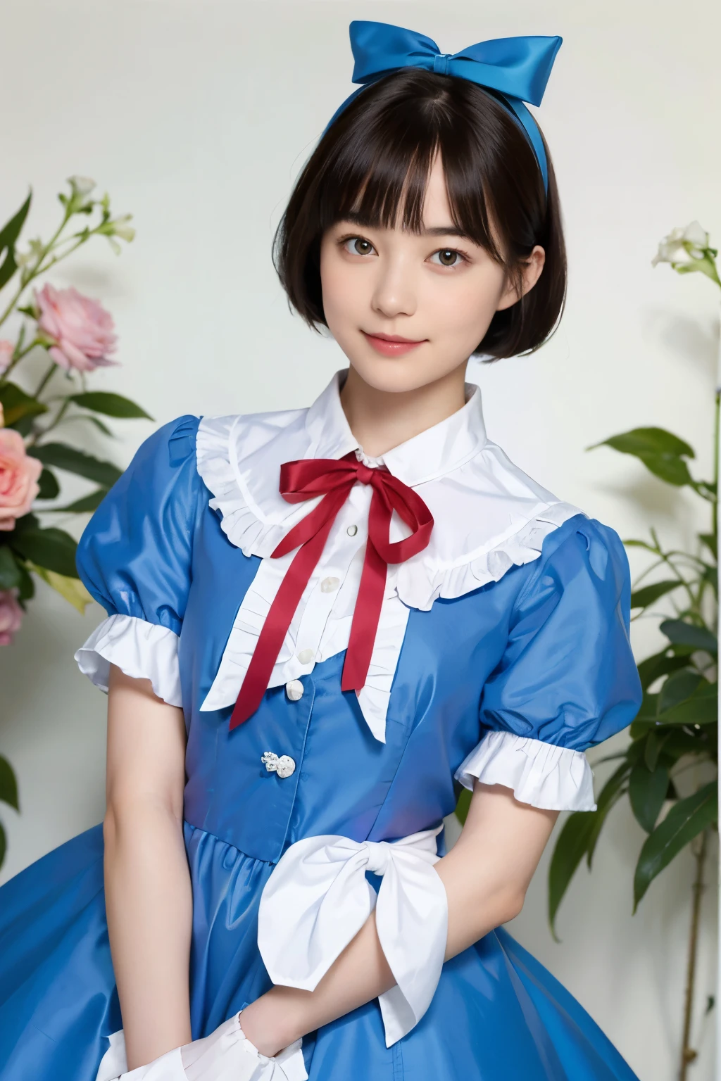 189 (alice in wonderland), (She wears a large triangular ribbon on her head.), short hair, young woman, gentle smile, colorful clothes