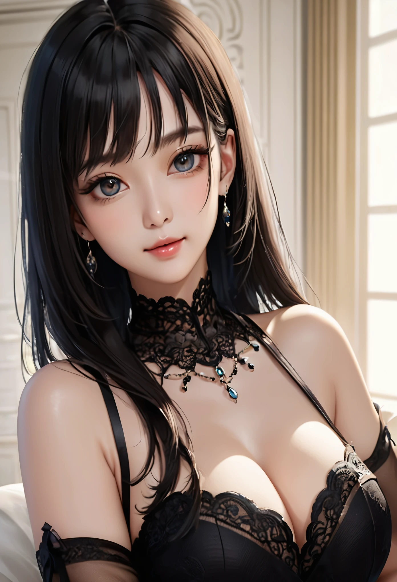 ((highest quality、Masseter muscle part:1.3))、超A high resolution、(best illustrations)、1 female、beautiful girl:1.3、4/5 shots、straight hairstyle、black haired、glowing skin、light smile、close your mouth、big breasts、Off-shoulder see-through white long dress、earrings、highly detailed face、detailed eye、detailed hands、looking at the viewer、in house、Luxurious rooms of the imperial court、highly detailed faceと肌の質感、focus on face、detailed eye、detailed hands depiction19歳、Pure Erotic Face、see-through underwear、long hair、show off your cleavage、smile like a goddess、sexy look、perfect proportions、facing forward、healthy beauty、The cutest in the world、nipples are visible