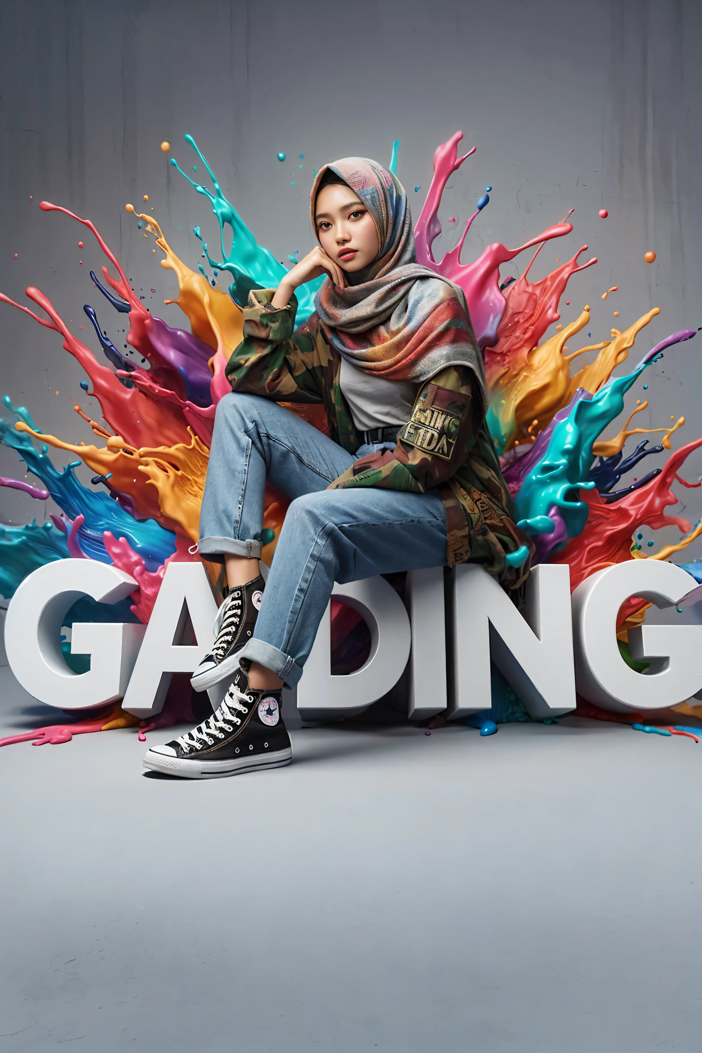 arafed woman sitting on a large sign with colorful paint splashs, inspired by Rudy Siswanto, render amazing, panting, inspired by Shaddy Safadi, trending in behance, fashion posing, paiting, fading, trending artstation, trending on artstation 4k, trending on artstation hd, promotional render, advertising photography, fashion photograhy
