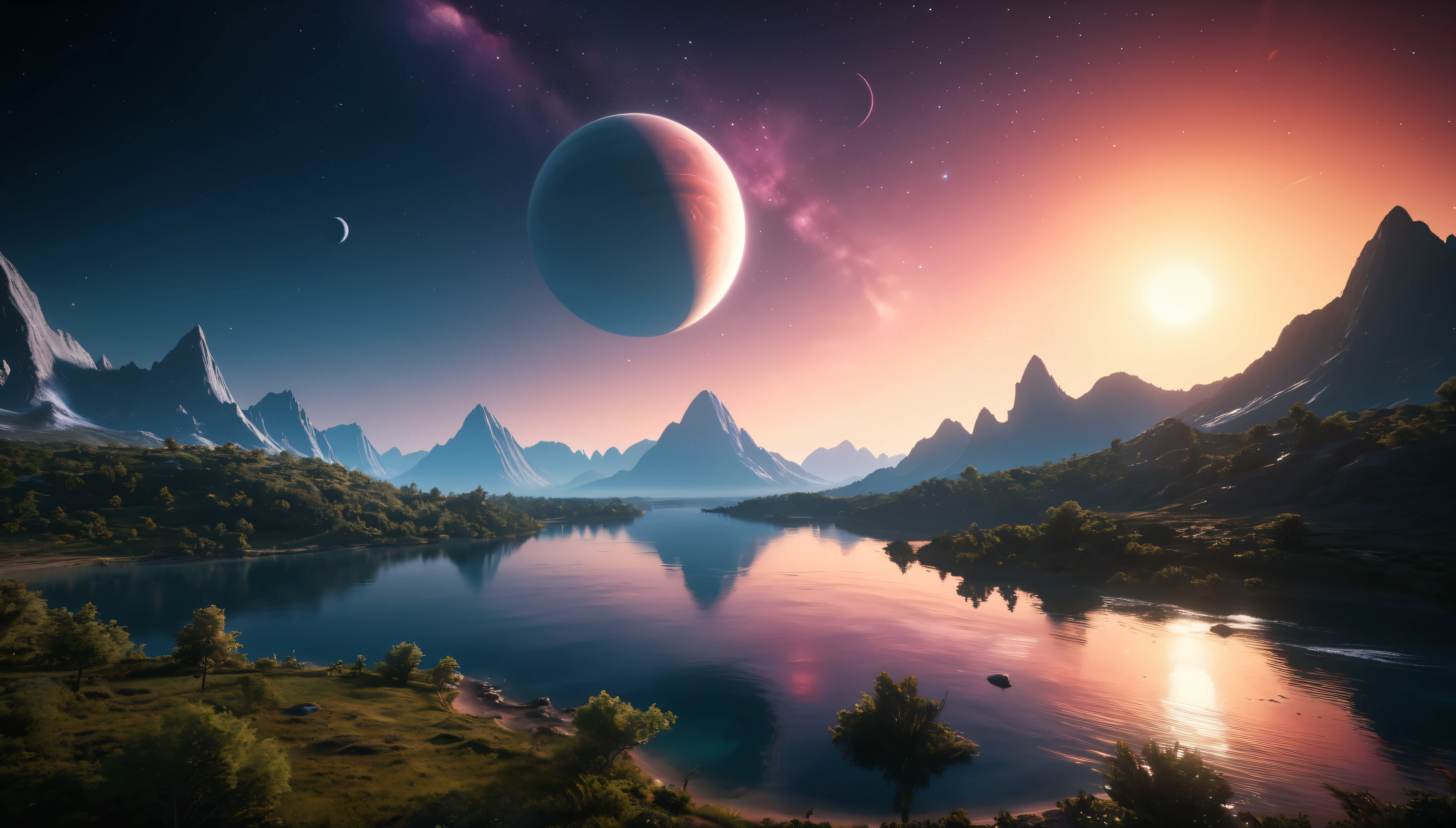 ((Masterpiece in maximum 16K resolution):1.6),((soft_color_photograpy:)1.5), ((Ultra-Detailed):1.4),((Movie-like still images and dynamic angles):1.3), ((Ultra wide angle):1.5),((fisheye lens photo):1.3). | (Cinematic photo of Alien Planet Landscape), (Nearby Moons with visible lakes), (magical vegetations), ((tyndall effect):1.1), ((exotic night sky):1.2), ((sense of discovery):1.1), (shimmer), (visual experience), (Realism), (Realistic), award-winning graphics, dark shot, film grain, extremely detailed, Digital Art, rtx, Unreal Engine, scene concept anti glare effect, All captured with sharp focus.
Rendered in ultra-high definition with UHD and retina quality, this masterpiece ensures super detail. With a focus on high quality and accuracy, this award-winning portrayal captures every nuance in stunning 16k resolution, immersing viewers in its lifelike depiction.
((perfect_composition, perfect_design, perfect_layout, perfect_detail, ultra_detailed)), ((enhance_all, fix_everything)), More Detail, Enhance.