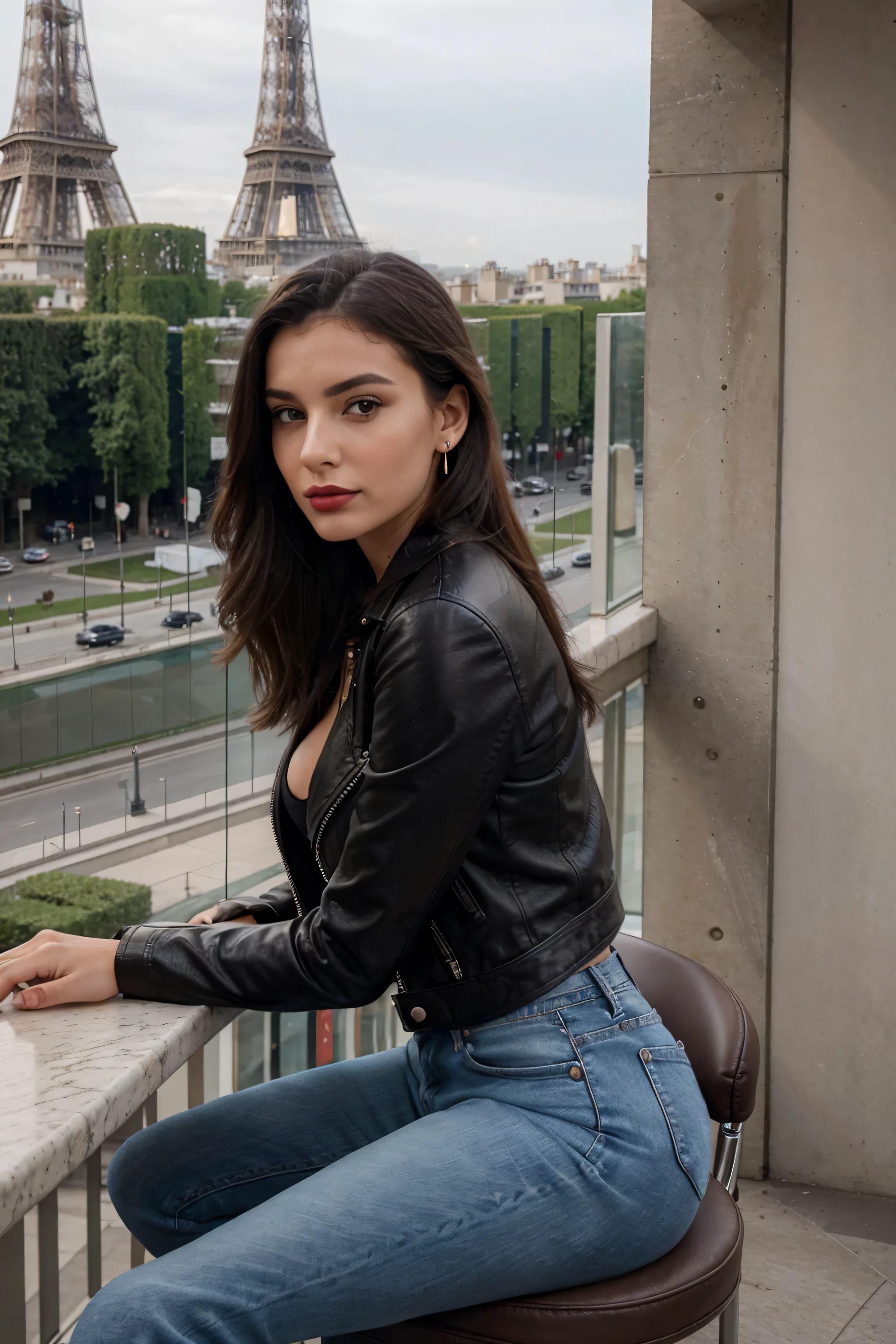 Italian girl 25 years old, beautiful, wonderful, sitting cross-legged, hotel terrace overlooking the Eiffel Tower in Paris, alone, 1 girl, real, very high resolution, 8k, elegant jeans, luxury, fabulous body, top, blouse, red lipstick, sensual, sexy, earrings, black leather jacket