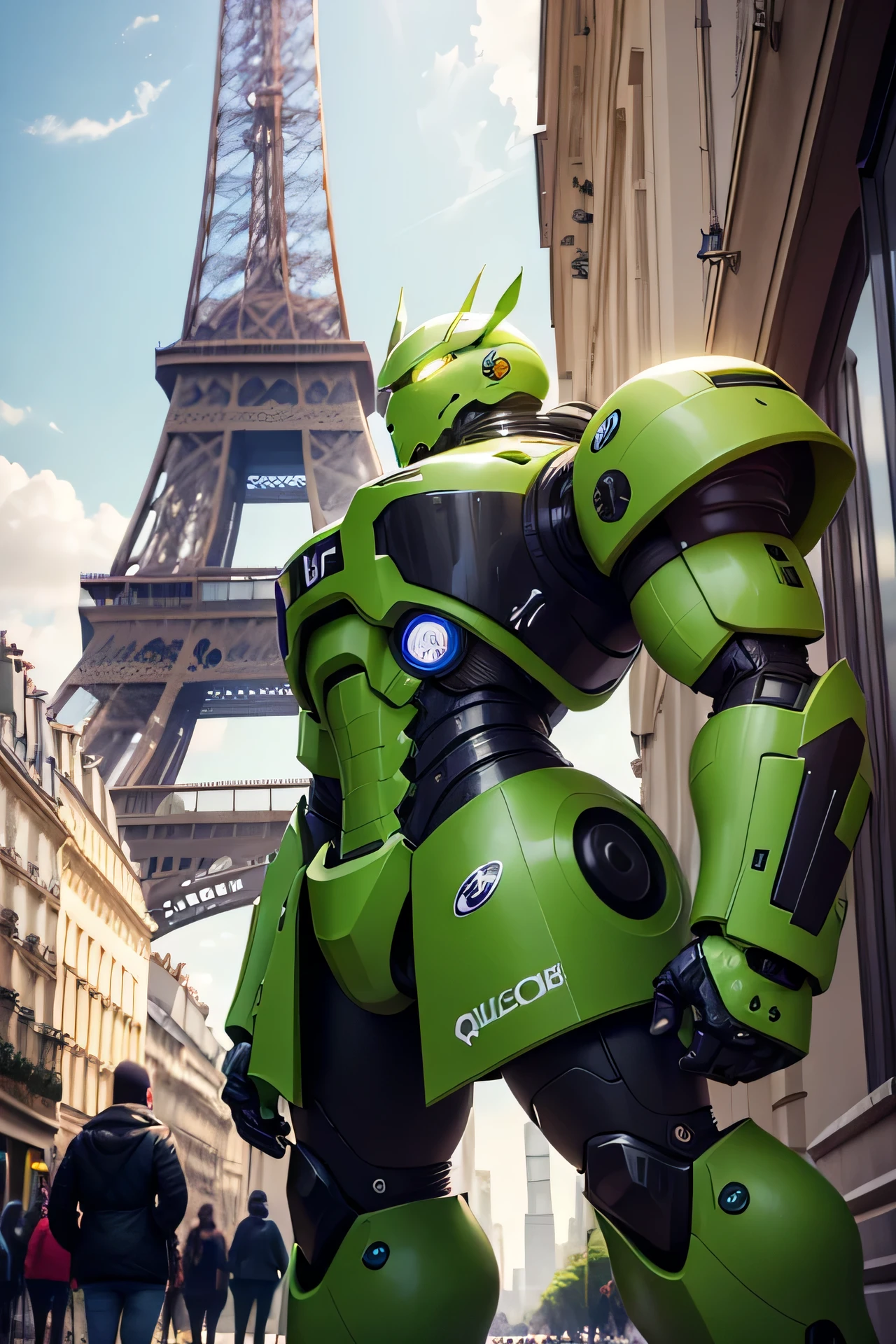 futuristic, bulky non-human Green robot with high details (Q logo on armor), standing in paris in a busy street with cafes and robots, eifeltower in the background, good weather, positive atmosphere
