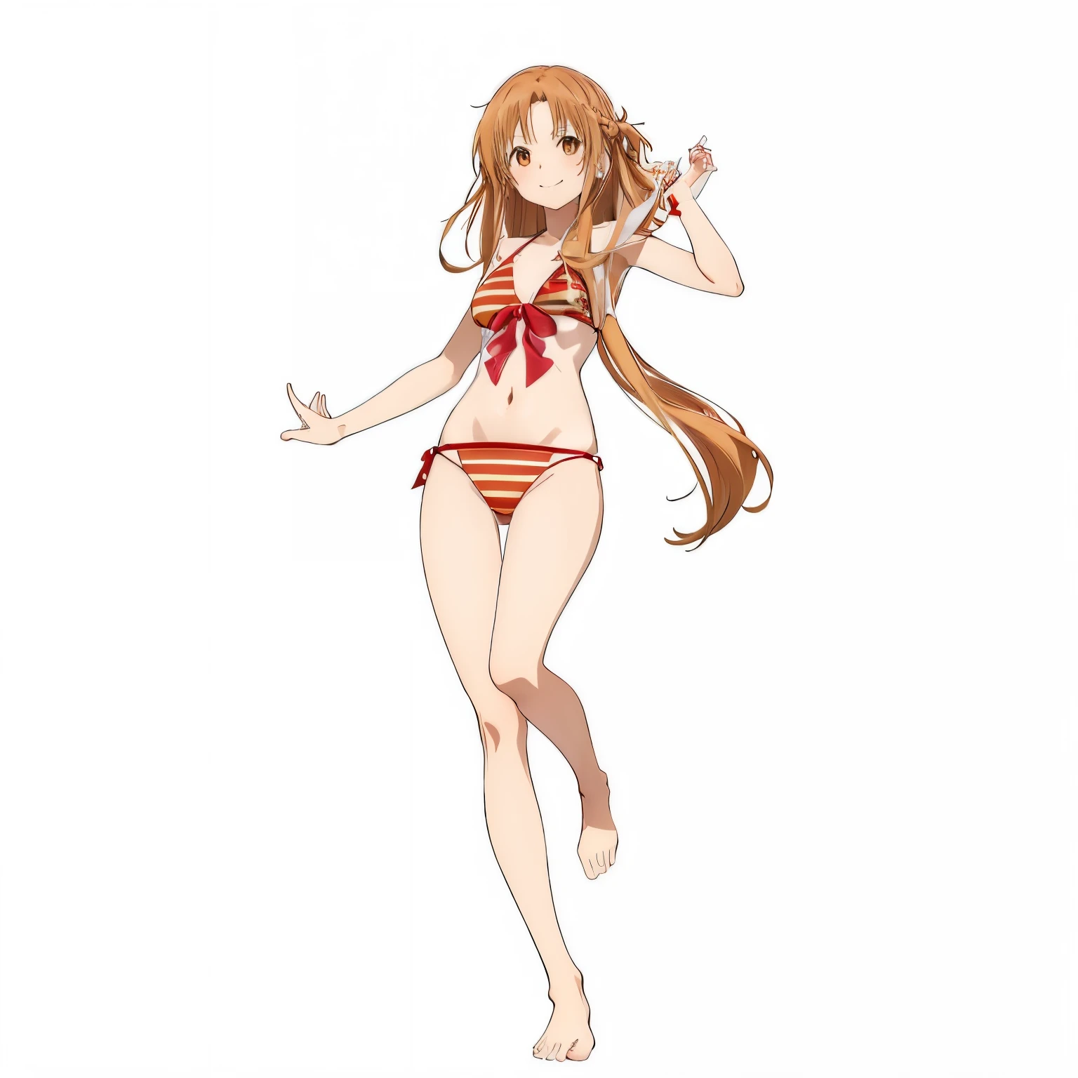 1girl,asuna yuuki,bikini ,brown eyes,brown hair ,closed mouth,collarbone,medium breasts ,long hair,looking at viewer,navel,red bikini ,smile,solo,striped,striped bikini,swimsuit ,very long hair, white background,