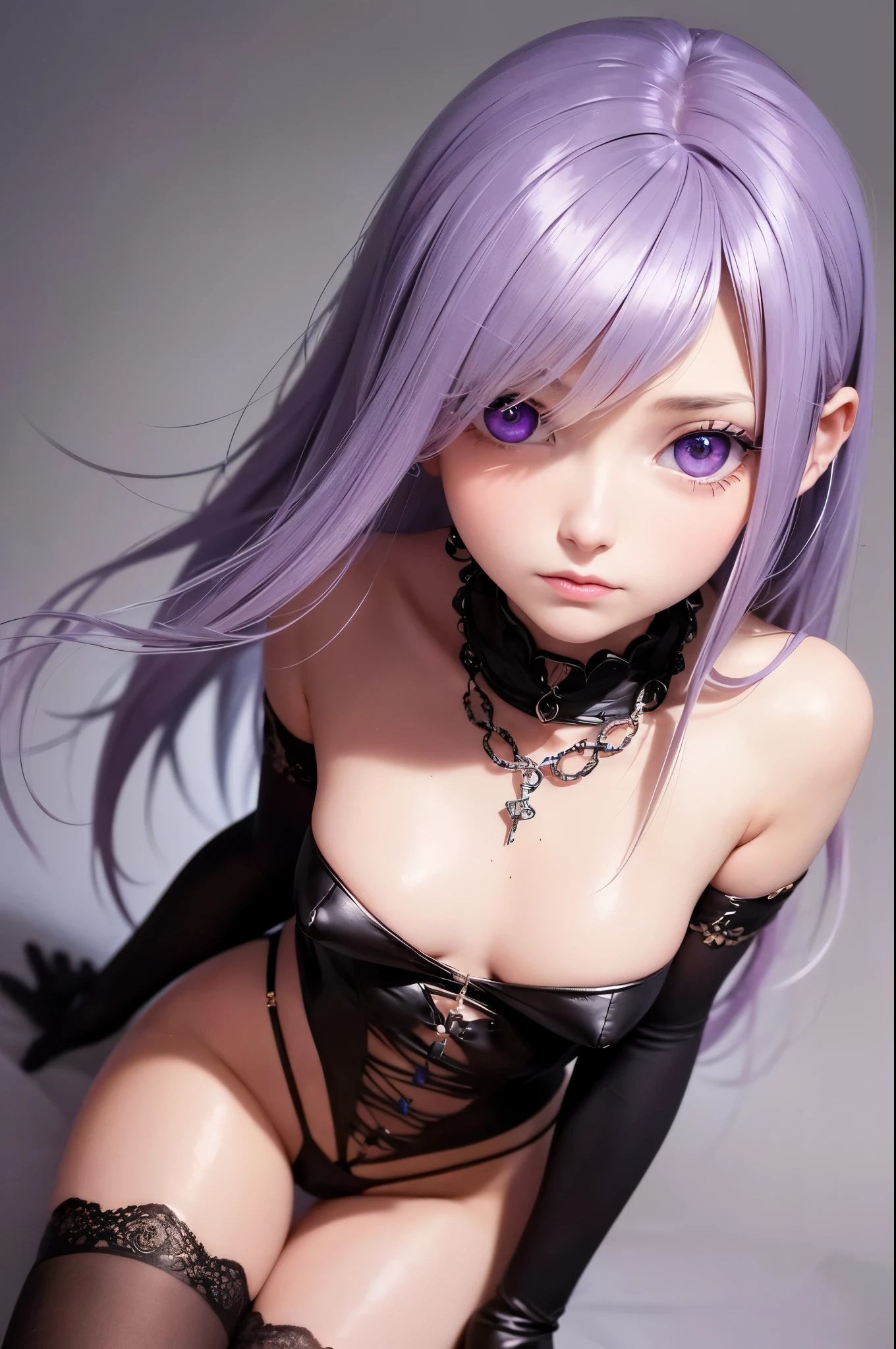 (masterpiece,Side seams,beautiful eyes:1.2),(masterpiece),lifelike,anatomically correct,3D face,sweet skin,(alone),hair highlights,gradient hair,(face close-up),cute face,(Fire opal-like purple eyes),Hanging corners of eyes,((High detail skin,Visible pores)),(Perfect body),beautiful girl,small breasts,((French clothing)),(neck ring),very short gloves,(chain),(Laser material clothing:1.2)