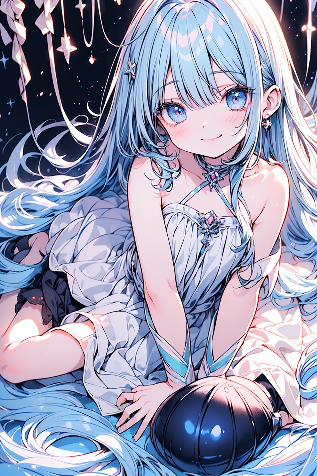 ( best quality, very detailed depiction, incredible high resolution),ruralの風景:1.5,rural, Idyllic Atmosphere , 1 girl,(Chibi,cute, smaller,Blue Hair, very long hair,bangs,( Fluffy White Rabbit), white skin,Blue Princess Dress,wired skirt,Chest, full body image ),Smiling Face,High quality anime drawings,Japanese white radishを持っている:1.5,Japanese white radish, sheep herd,