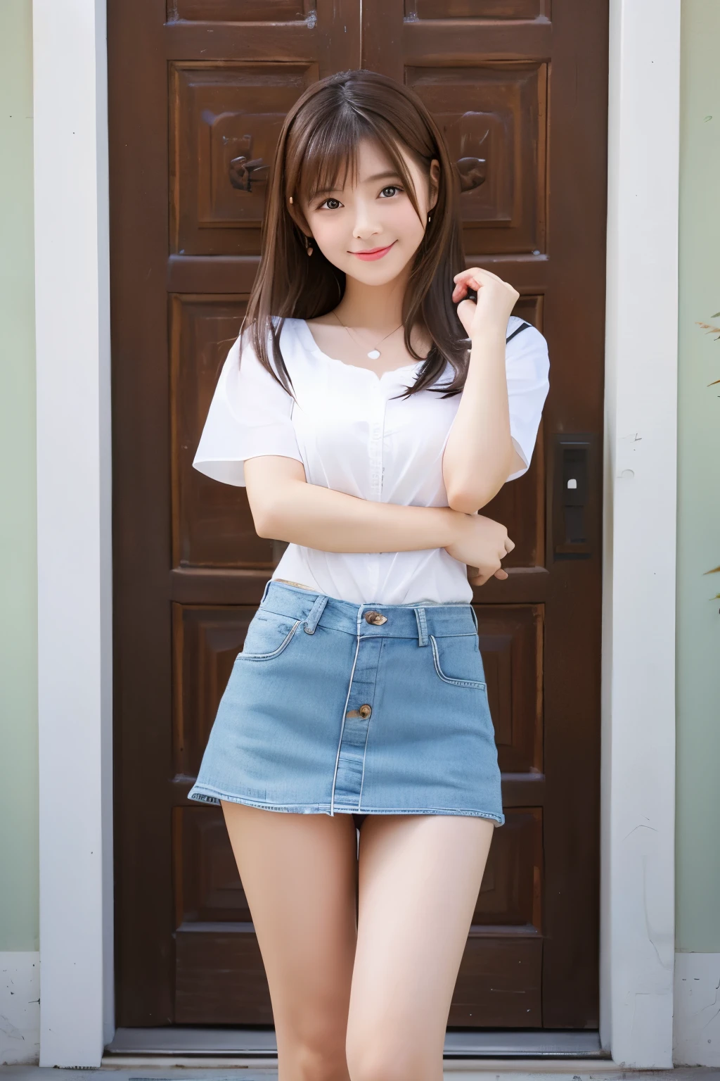 Beautiful JK girl wearing a very short micro miniskirt。