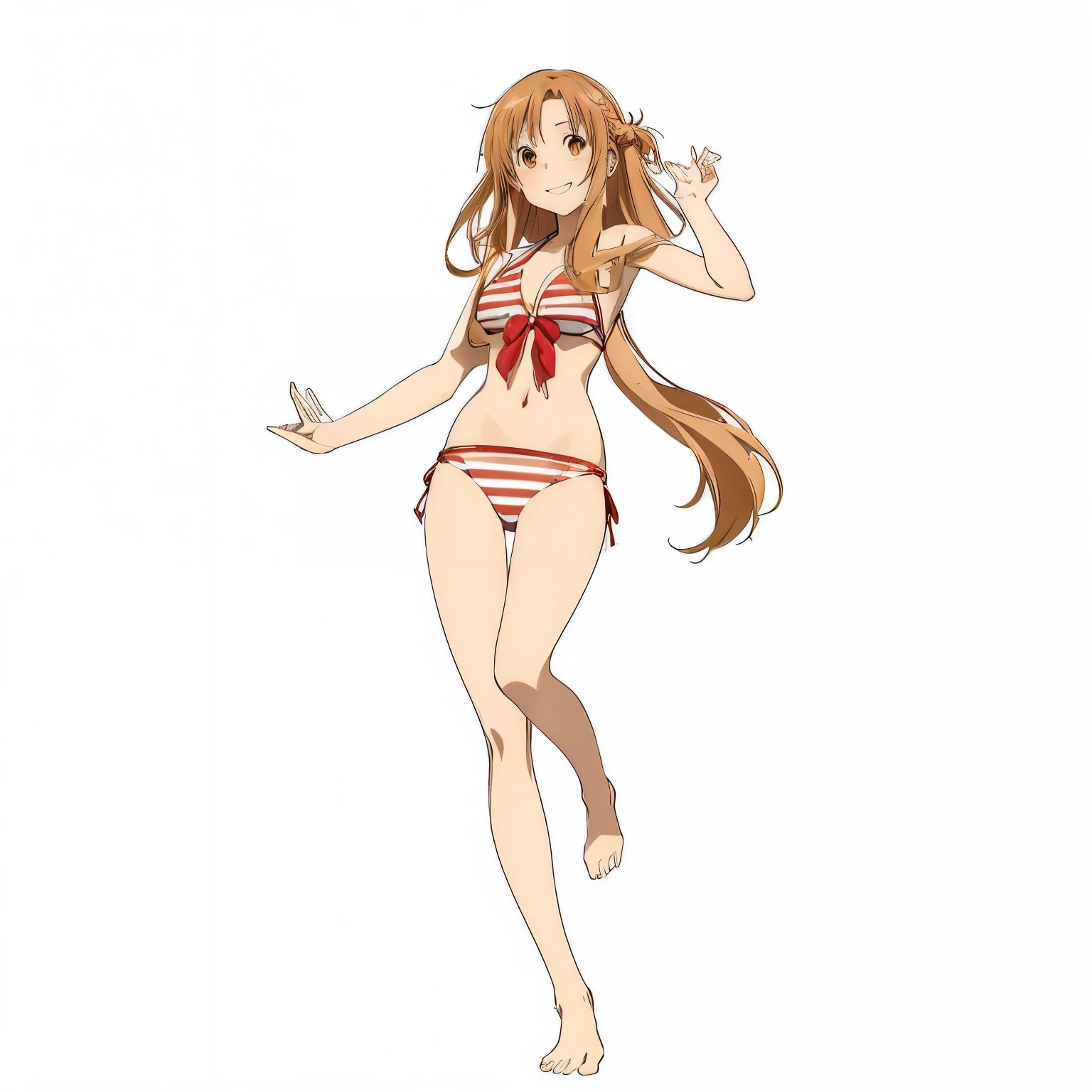 1girl,asuna yuuki,bikini ,brown eyes,brown hair ,closed mouth,collarbone,medium breasts ,long hair,looking at viewer,navel,red bikini ,smile,solo,striped,striped bikini,swimsuit ,very long hair, white background,