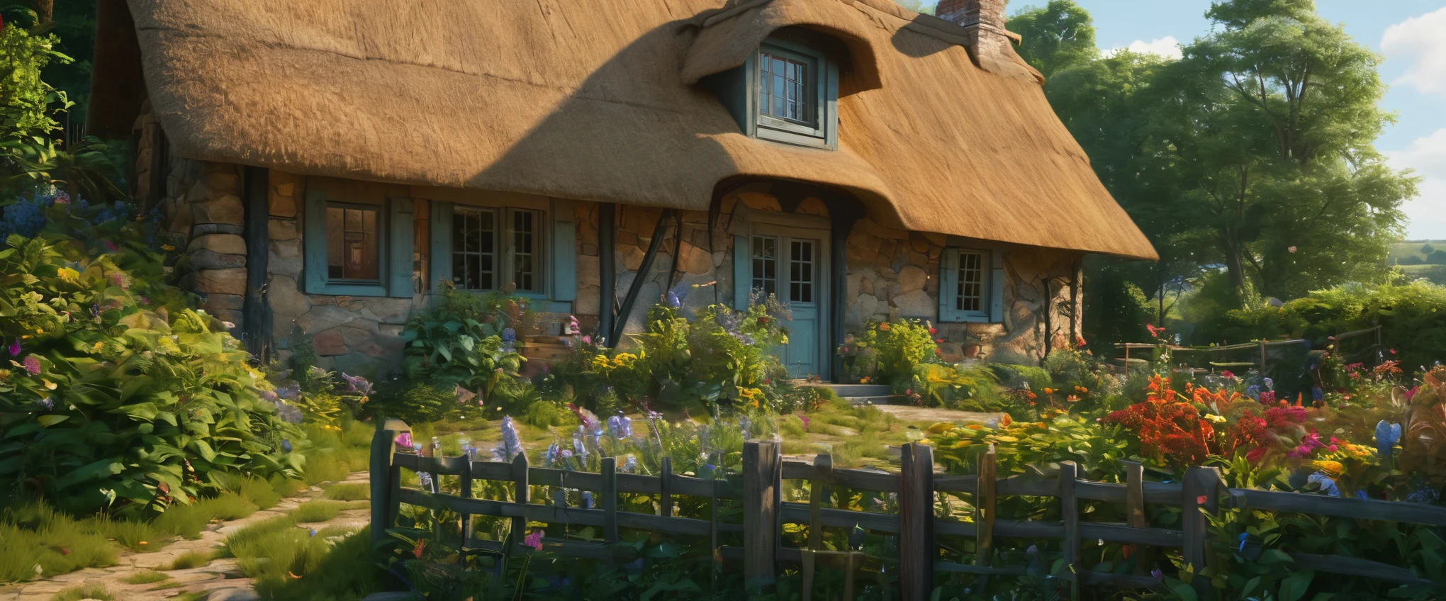 (best quality,8k,highres:1.2),(hyperrealism:1.1),rustic colors,sharp focus,insanely detailed,(2k1:1.1) style landscape scene,ultra-detailed rendering,impressively lifelike,rich and dynamic colors,epic beauty,meticulous composition of elements,painting of a cottage with a thatched roof and a fence, cottage, idyllic cottage, tomas kinkade, flowery cottage, cottages, abandoned cottage, cottage close up, kinkade, little cottage, rob mcnaughton, by James Ryman, by Wojciech Weiss, by Ma Wan, by Yang J, by Ma Shi, by Brian Thomas,impressive level of intricate details,perfectly captured reflections,flawlessly executed lighting and shadows,immersive sense of depth and dimensionality,extraordinary level of realism creating a mesmerizing visual experience.