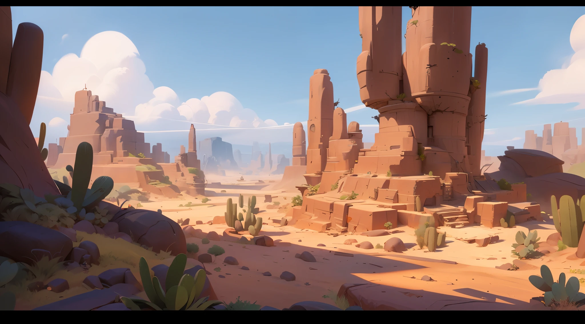 there is a cartoon desert scene with a dirt road and cactus trees, concept art scene, environment art, painterly concept art, digital painting concept art, oil paint concept art, environment painting, background art, 2d concept art, stylized concept art, concept art style, ross tran. scenic background, environment concept art, environment design illustration