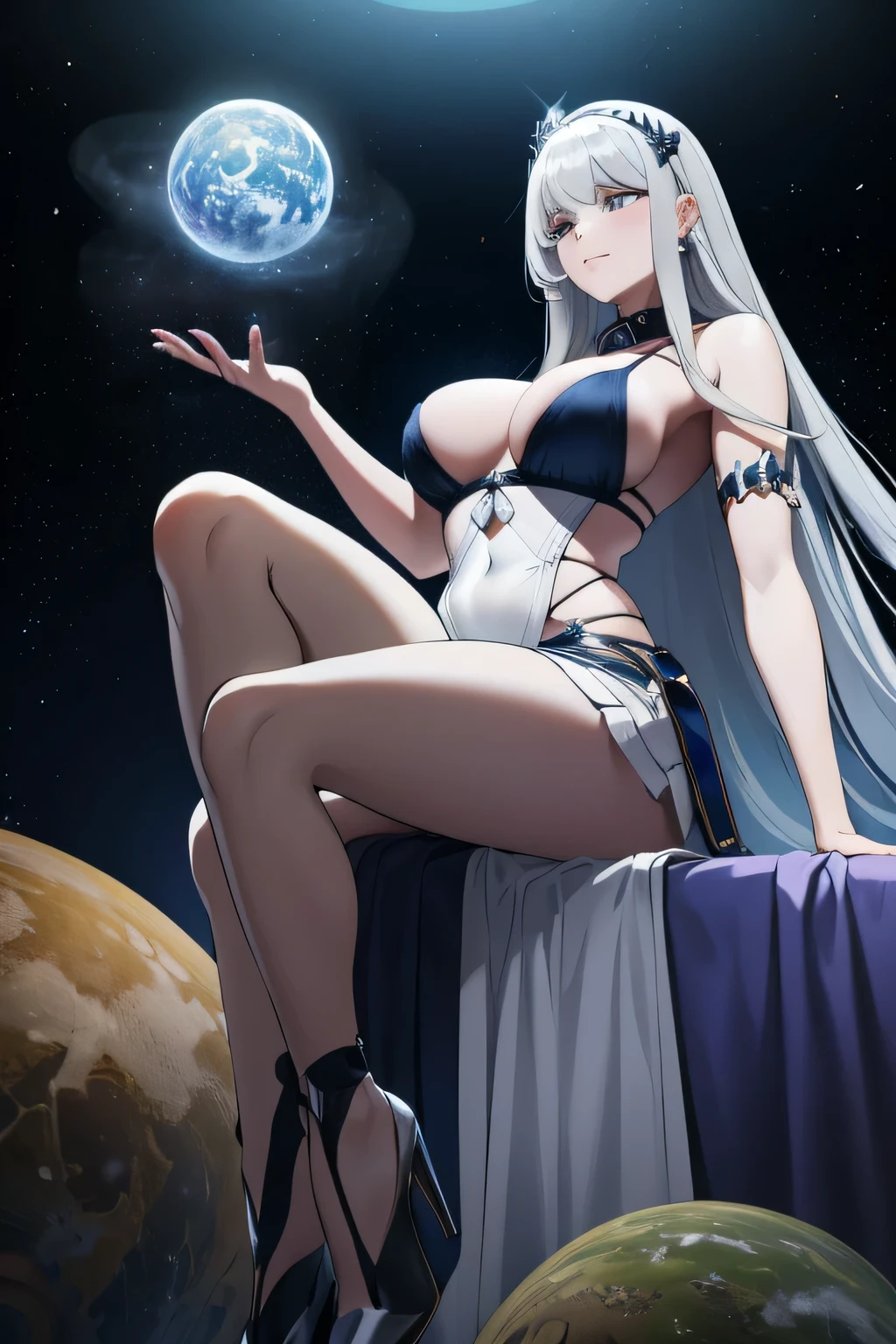 a beautiful tall sexy woman with long straight gray hair and wears a white button-down collar bra top and dark blue dome skirt and collar made of crystals and has a long heel made of silver and hand of power mercury peas place in the background Galaxy M101