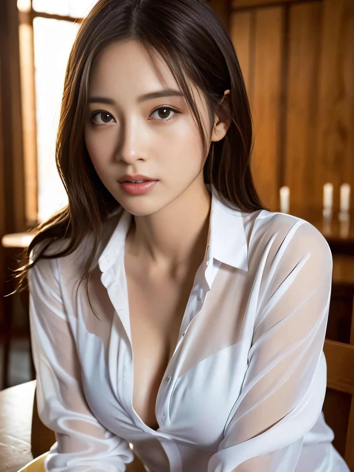 (highest quality, 32K resolution, table top, lively),gorgeous japanese women:1.3,1 girl, (big breasts:1.2), (Transparent shirt), abs, perfect body, super detailed face, lip details, fine eyes, double eyelid, sharp :1.2, beautiful woman with perfect figure :1.4, thin ,gravure:1.10、sexy pictures:1.7、