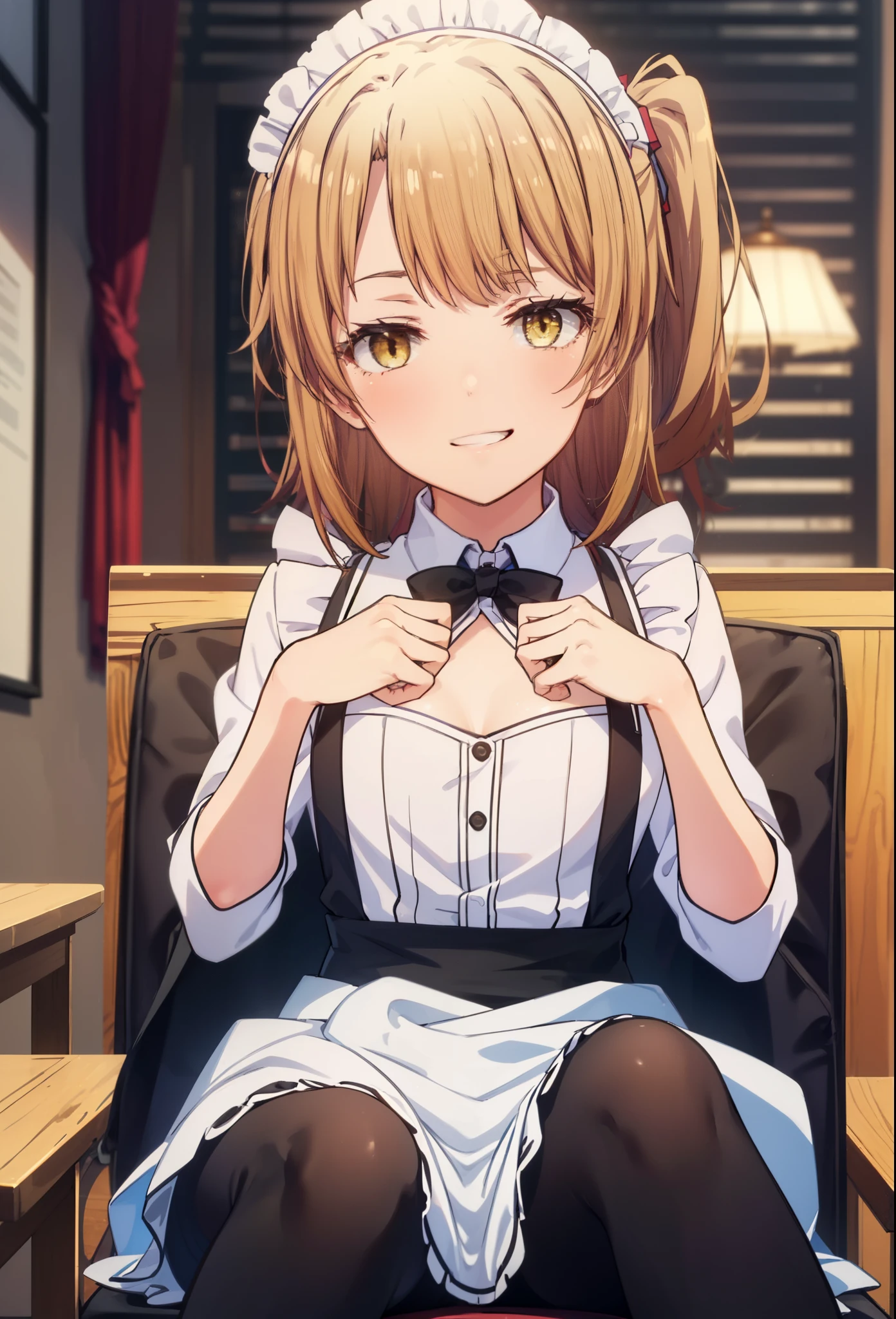 irohaisshiki, iroha isshiki, long hair, brown hair, (brown eyes:1.5), Smile, smile, open your mouth,side ponytail,blush,smile,Maid clothes,bare chest,Medium chest,she was wearing a long skirt, black pantyhose, sitting cross-legged on a chair,So that the whole body goes into the illustration,
break indoors, coffee shop,
break looking at viewer,
break (masterpiece:1.2), highest quality, High resolution, unity 8k wallpaper, (shape:0.8), (fine and beautiful eyes:1.6), highly detailed face, perfect lighting, Very detailed CG, (perfect hands, perfect anatomy),