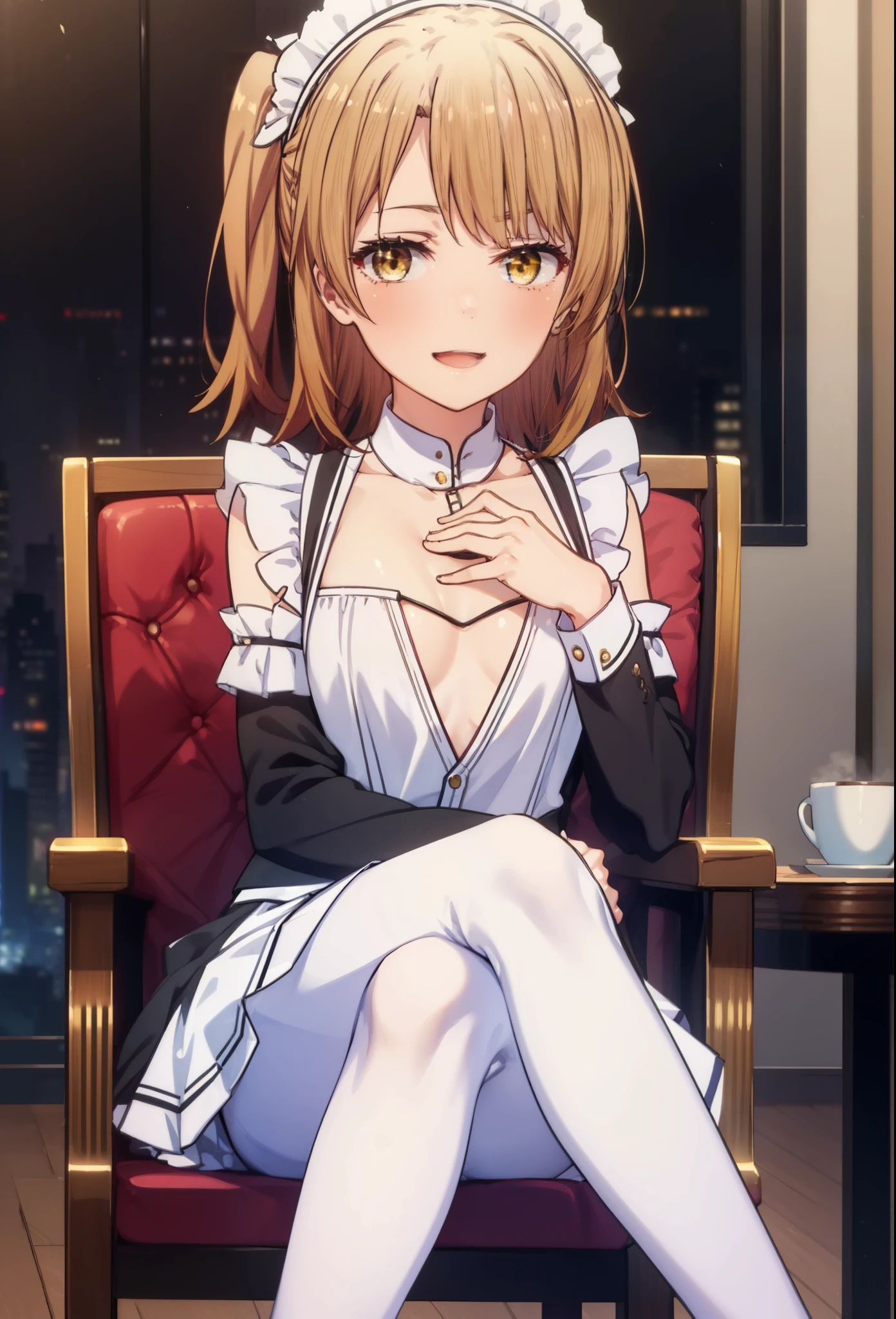 irohaisshiki, iroha isshiki, long hair, brown hair, (brown eyes:1.5), Smile, smile, open your mouth,side ponytail,blush,smile,Maid clothes,bare chest,Medium chest,she was wearing a long skirt, black pantyhose, sitting cross-legged on a chair,So that the whole body goes into the illustration,
break indoors, coffee shop,
break looking at viewer,
break (masterpiece:1.2), highest quality, High resolution, unity 8k wallpaper, (shape:0.8), (fine and beautiful eyes:1.6), highly detailed face, perfect lighting, Very detailed CG, (perfect hands, perfect anatomy),