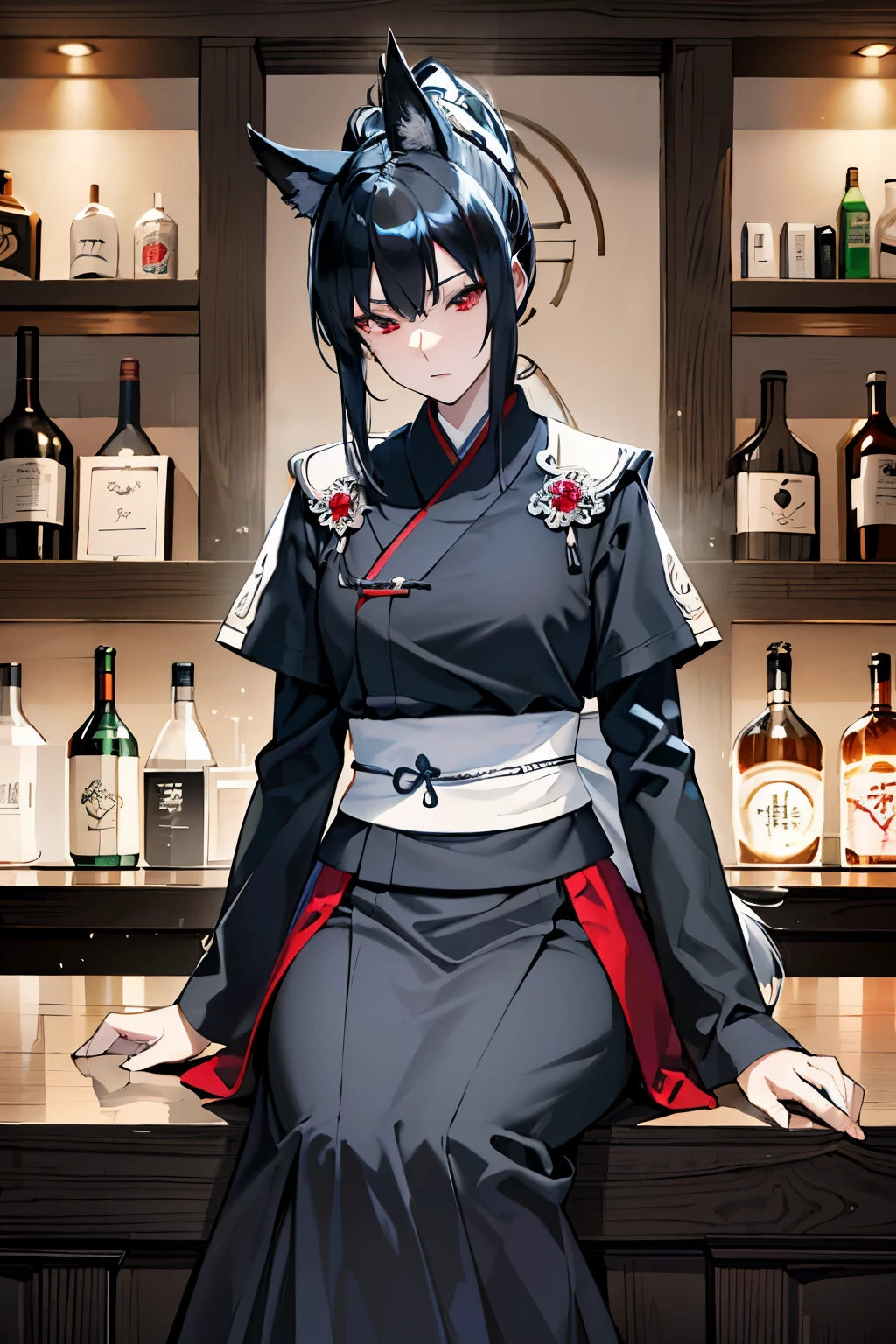 HDR, High Quality, Masterpiece, Excellent, Daytime, 1 woman, Korean Style, Ancient Korea, Eagle, Black Hair, red Eyes, Split Hair, Long Hair, Long Bangs, High Ponytail, Fox Ears, Beautiful, Gorgeous, Serious, Gentle, Mature Woman, Tall, Quiet, Dark Clothes, dark grey Clothes, A Bar Keeper, Sword, Looking Down,