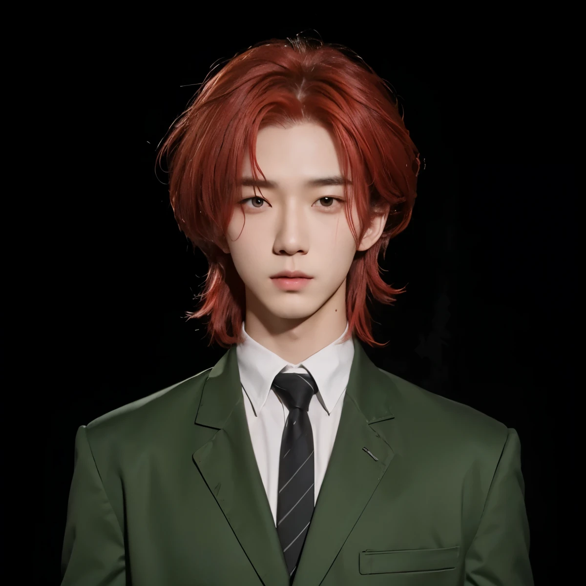 Real life adaption of this character, ((Korean teen handsome face)), Realistic eyes,((realistic very Messy red hair)), realistic red hair, ((realistic same outfit)), hyper realistic, realism, realistic light, realistic shadow,(photorealistic:1.2),Cool expression