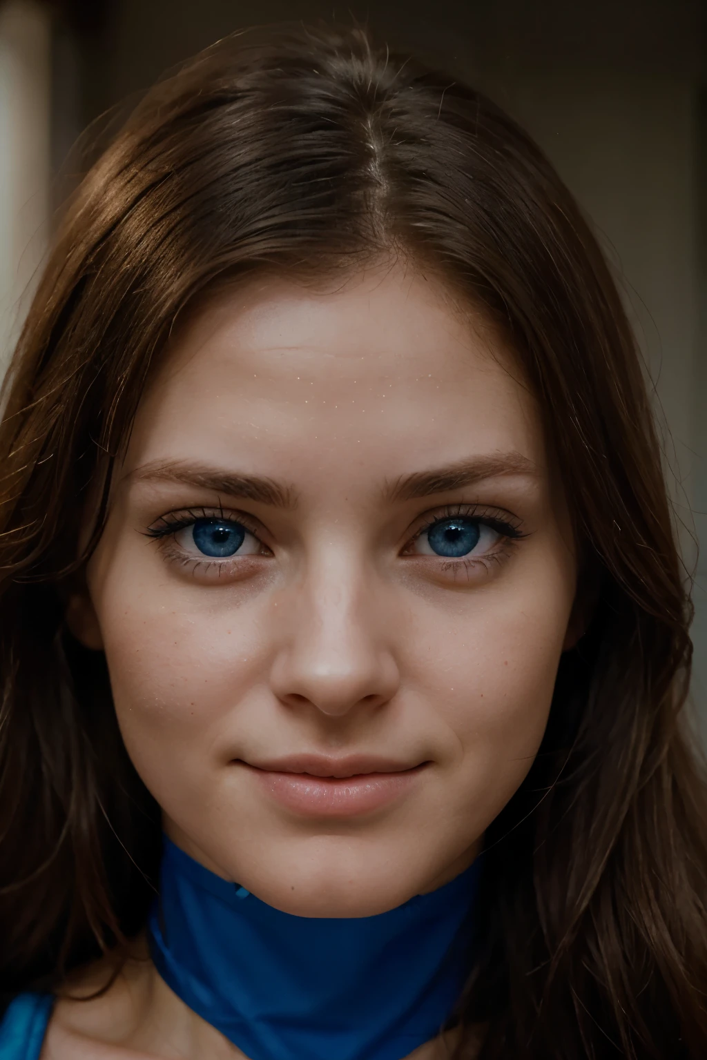 Sarah is a young realistic woman. Her piercing blue eyes reflect her strong spirit and unwavering resolve. She has a square jawline that adds to her sense of determination, coupled with a radiant smile that exudes both warmth and determination. Face looking flat in to the camera, full face