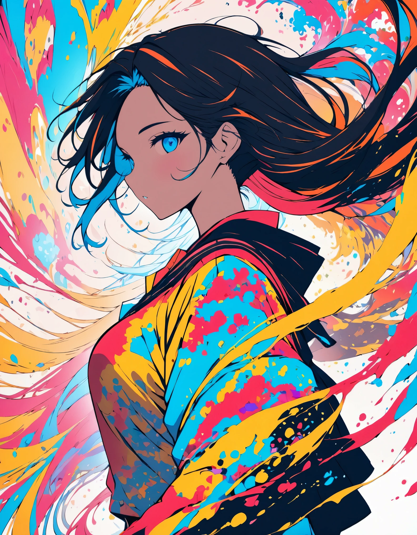 (flat color:1.1),(colorful,yoneyamamai:1.3),(masterpiece:1.2), best quality, masterpiece, original, extremely detailed wallpaper, looking at viewer, Long Hair, 1girl,solo,floating colorful water.