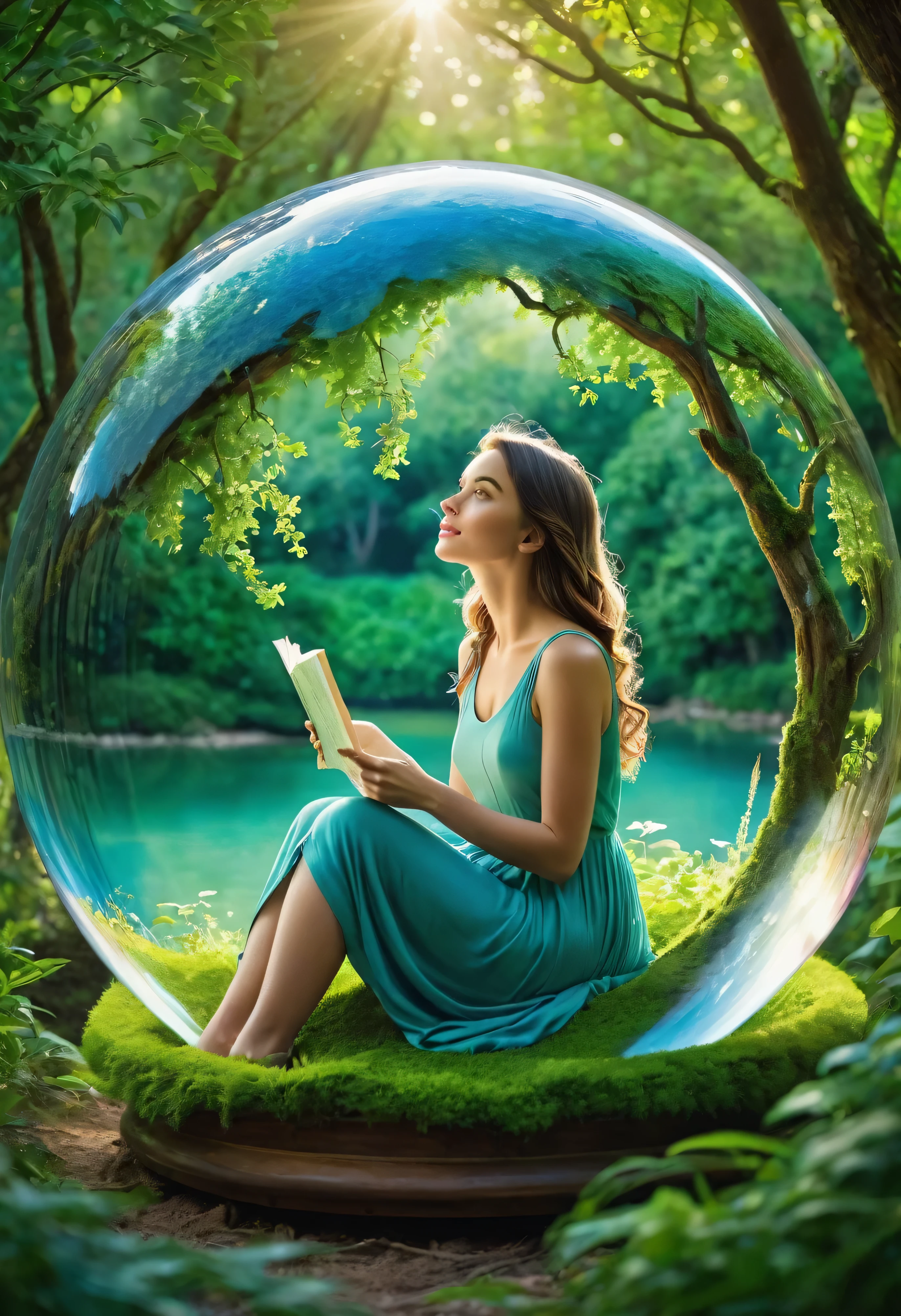 In the image described, a woman is portrayed sitting inside a delicate glass globe. This globe is surrounded by an enchanting landscape filled with lush trees and breathtaking scenery, imparting a sense of whimsy and magic. The image evokes the feeling that the woman inhabits a unique and imaginative world of her own. The portrayal could be a painting or a mesmerizing photograph capturing this magical scene. The attention to detail in the picture is exceptional, with vibrant colors and intricate textures bringing the image to life. The overall quality of the image is outstanding, leaving the viewer enthralled by its captivating beauty.
