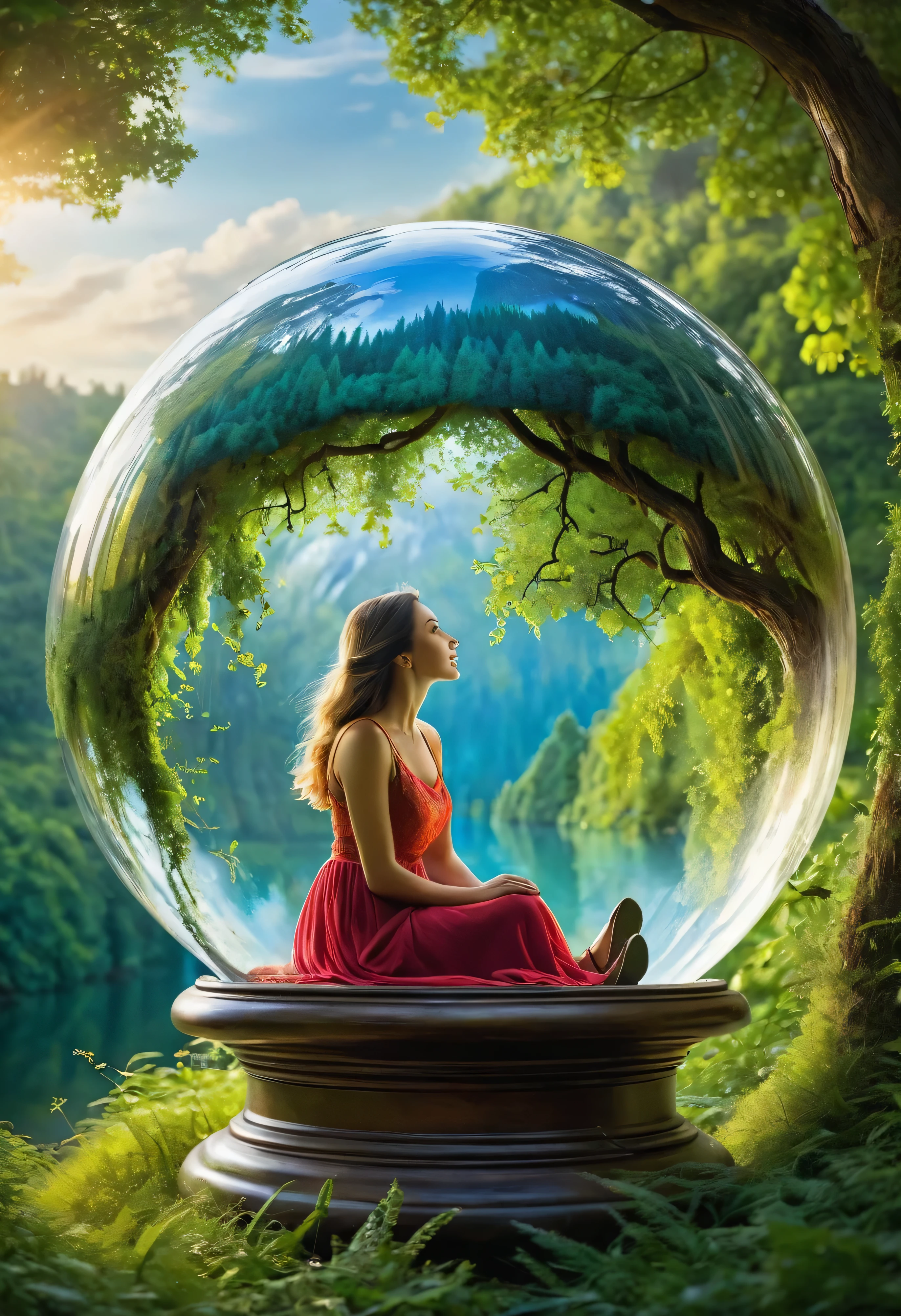 In the image described, a woman is portrayed sitting inside a delicate glass globe. This globe is surrounded by an enchanting landscape filled with lush trees and breathtaking scenery, imparting a sense of whimsy and magic. The image evokes the feeling that the woman inhabits a unique and imaginative world of her own. The portrayal could be a painting or a mesmerizing photograph capturing this magical scene. The attention to detail in the picture is exceptional, with vibrant colors and intricate textures bringing the image to life. The overall quality of the image is outstanding, leaving the viewer enthralled by its captivating beauty.
