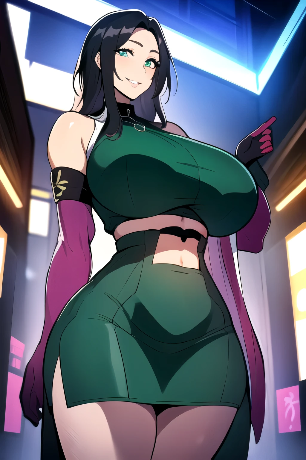 masterpiece, best quality, matsumoto rangiku, beautiful lighting, ((black hair: 1.1)), long hair, turtleneck, crop top, pencil skirt, underboob, necklace, gigantic breasts, (emerald green eyes: 1.1), standing, looking at viewer, smile, japanese architecture, cowboy shot, shiny skin, gigantic breasts, curvy, seductive smile, bare shoulders, elbow gloves, glowing eyes, Bright eyes,