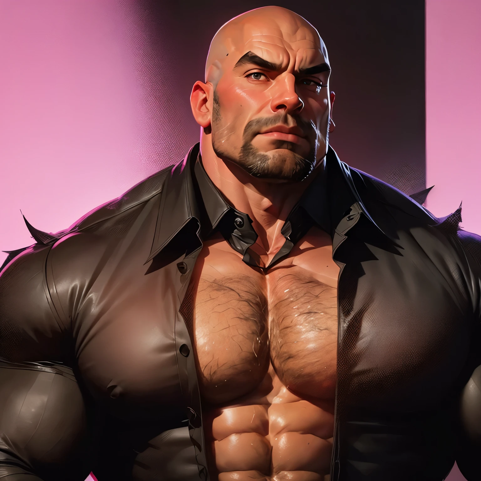an exaggeratedly muscular and large bald bodyguard, (ripped collared black shirt: 1.2), (exposed pecs: 1.1), (bara pecs: 1.3), (hairy chest: 1.2), portrait HD, pink background light