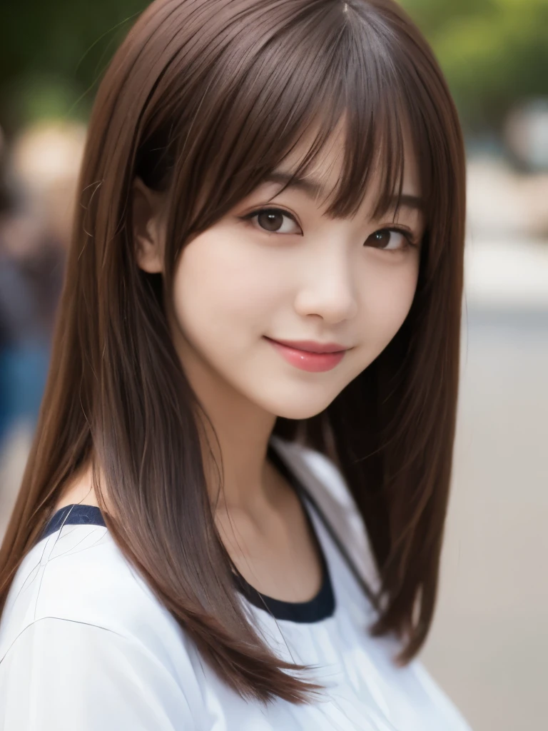 (masterpiece:1.2, highest quality), blur the background,Photographed with a wide-angle single focus lens,1 High school girl, (big breasts), wearing cute casual clothes, brown hair,bright eyes,blushing face,Highly detailed face and skin texture, healthy skin,big smile, (Shibuya),4K resolution