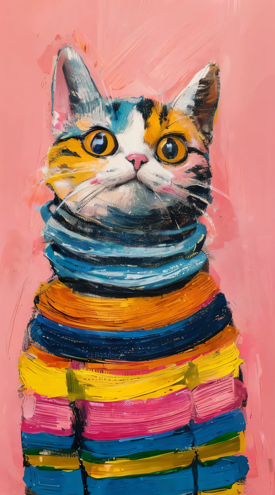 (best quality, ultra-detailed, 8k, uhd:1.2), minimalist painting by a  artist with oil pastels of a happy and cute cat wearing a colorful retro pastel stripe sweater, minimalist monochromatic portraits on pink background, sweet painting with smooth finish