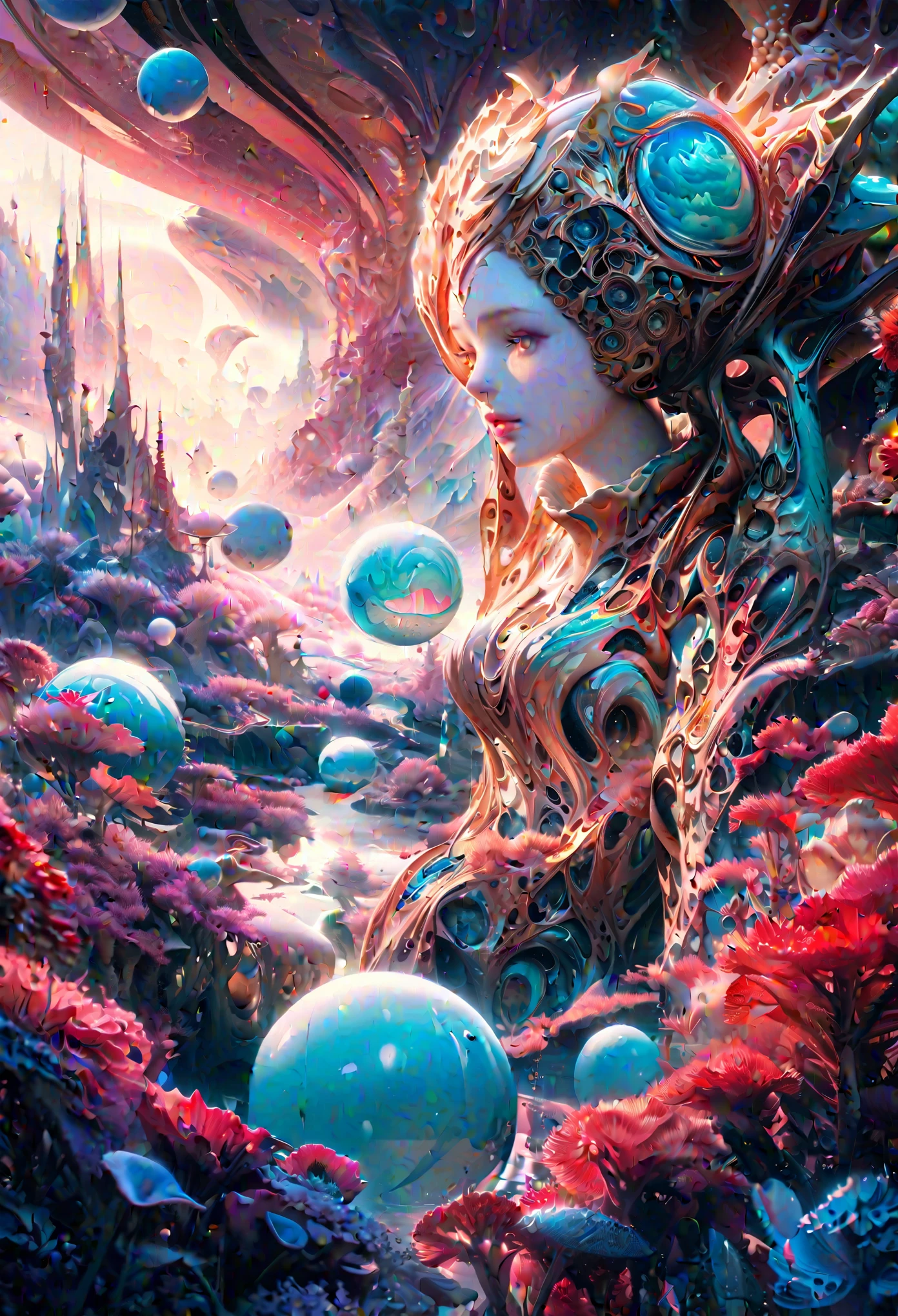 alien planet, porcelain, surreal landscape, vibrant colors, ethereal atmosphere, otherworldly beings, intricate porcelain sculptures, delicate details, fine craftsmanship, hyper-realistic texturesm
