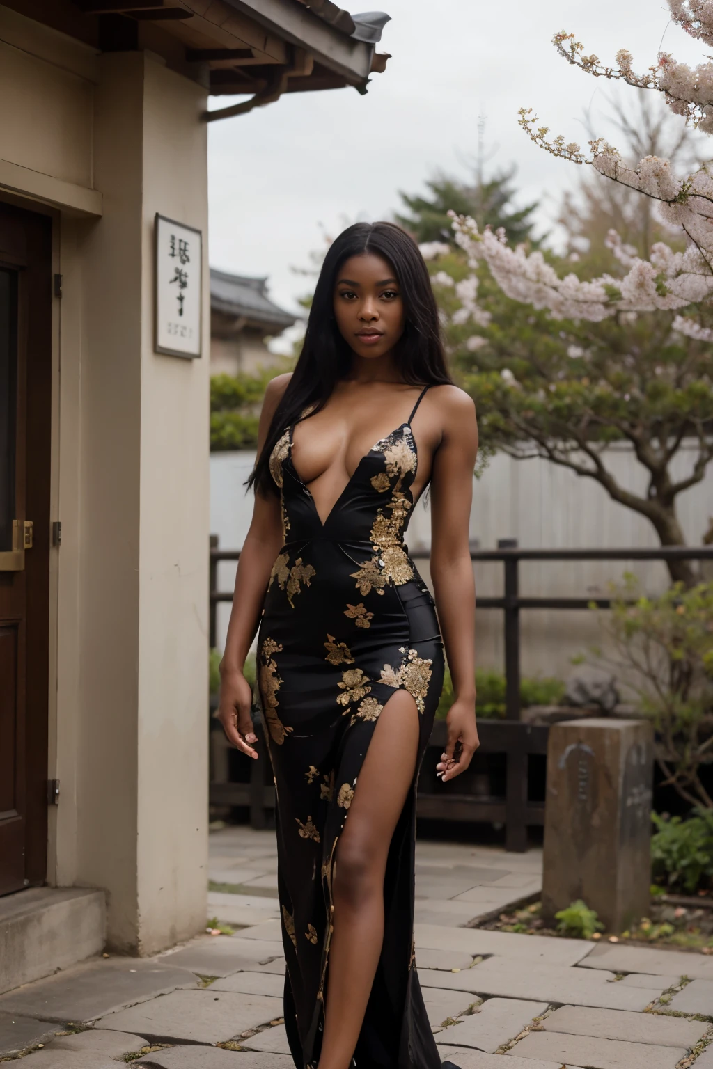 Beautiful ebony african girl, nigerian model, very dark black skin, long black hair, cherry tree, blossom, japanese temple, elegant golden dress with floreal motif, low-cut dress, nice 


