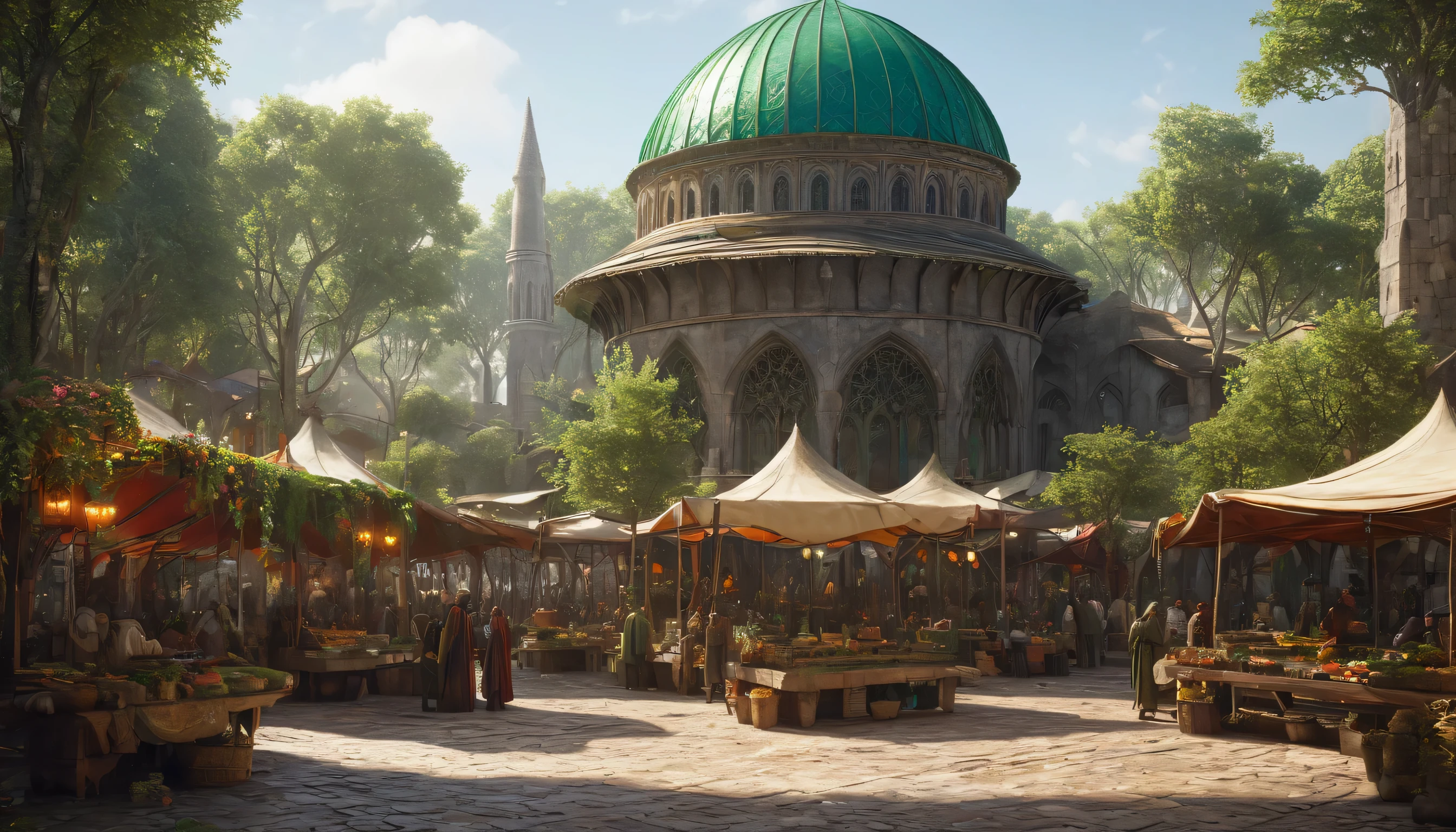 The elvish gohic-arab architecture city of the Elf Empire, one stained glass dome tower and a crowd of elves in a market in a large public squares, in a forest flat landscape, Ultra-realistic, artistic, cinematic lighting, smooth details, masterpiece, perfect perspectiv, extremely finely drawn, high quality depth map, no river, (Cold light source:1.2), Lonely, voluminous lighting, BREAK (tmasterpiece:1.2), (beste-Qualit), 4k, Ultra-detailed, (Dynamic composition: 1.4), Detailed, colorful details, (glowing color scheme: 1.2), (Glowing Lighting, Ambiance Lighting), dreamy, fantasy , (solo: 1.2)