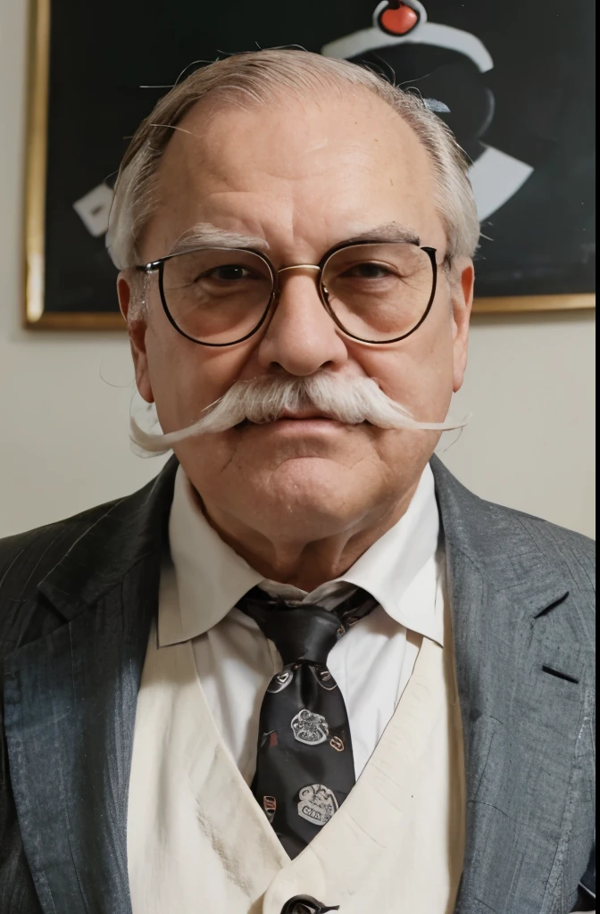 An chubby elderly man capitalist looking like man from monopoly, with white mustache and monocle