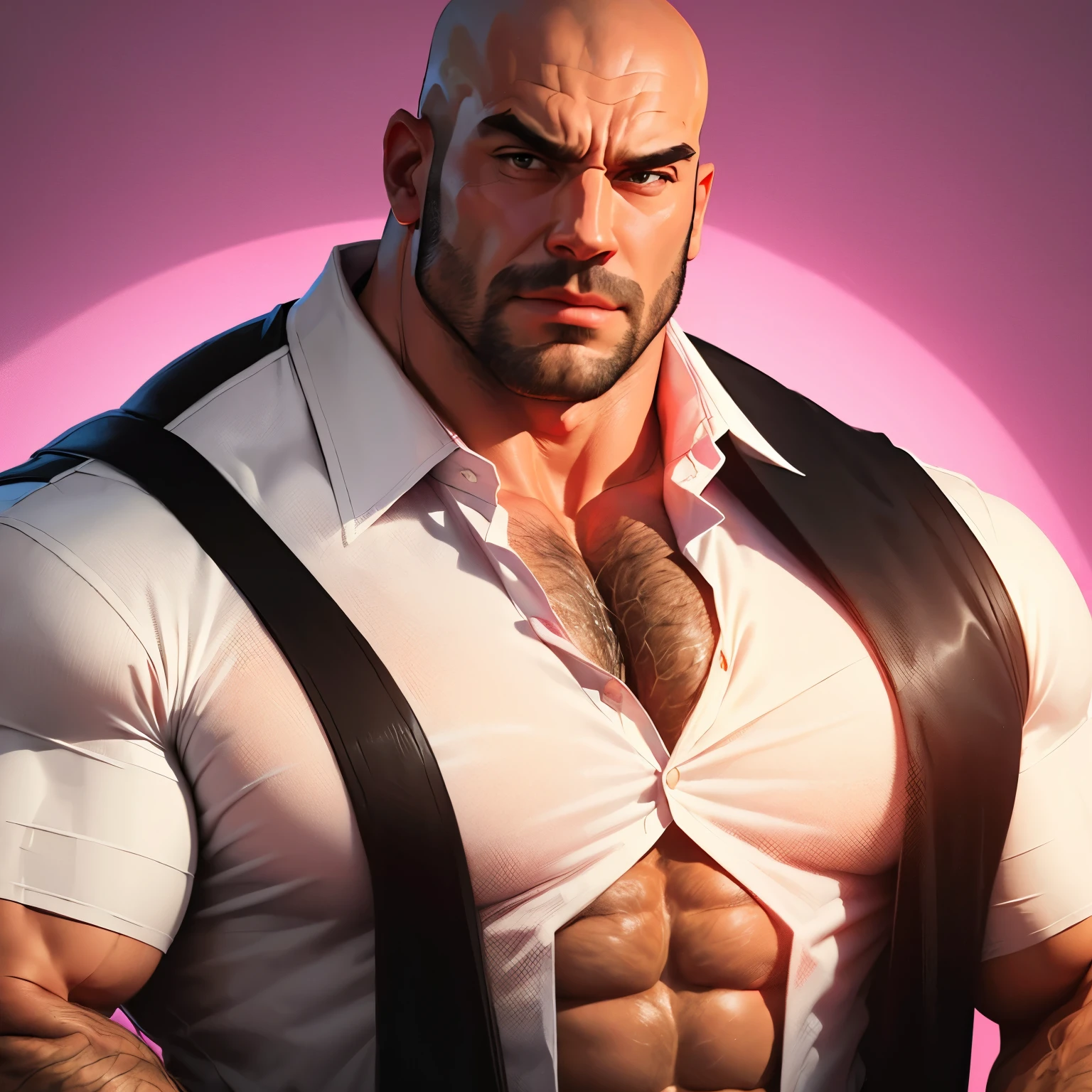 an exaggeratedly muscular and large bald bodyguard, (ripped collared white shirt: 1.2), (exposed pecs: 1.1), (bara pecs: 1.3), (hairy chest: 1.2), portrait HD, pink background light