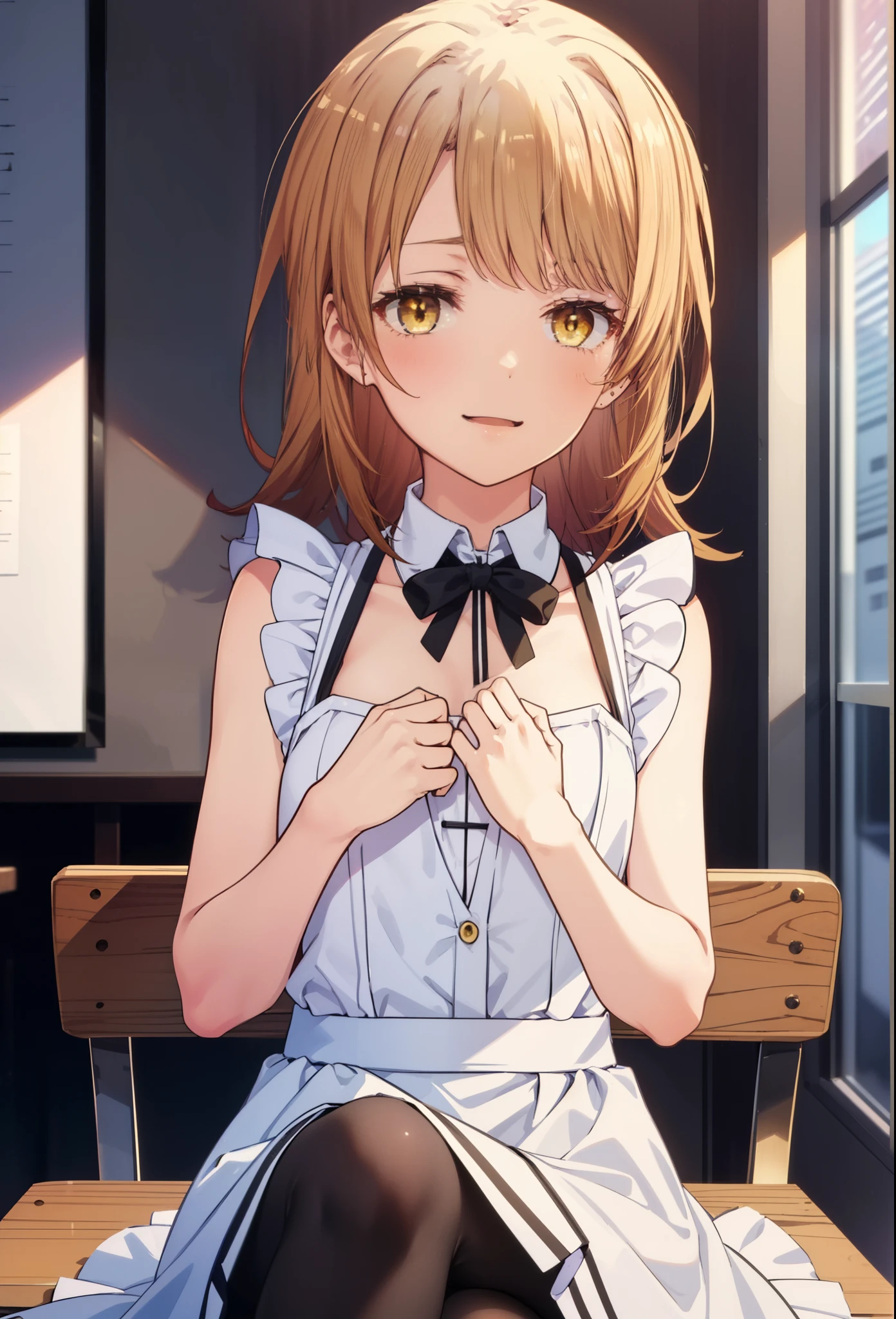 irohaisshiki, iroha isshiki, long hair, brown hair, (brown eyes:1.5), Smile, smile, open your mouth,short braided hair,ponytail,blush,smile,Maid clothes,bare chest,Medium chest,she was wearing a long skirt, black pantyhose, sitting cross-legged on a chair,So that the whole body goes into the illustration,
break indoors, coffee shop,
break looking at viewer,
break (masterpiece:1.2), highest quality, High resolution, unity 8k wallpaper, (shape:0.8), (fine and beautiful eyes:1.6), highly detailed face, perfect lighting, Very detailed CG, (perfect hands, perfect anatomy),