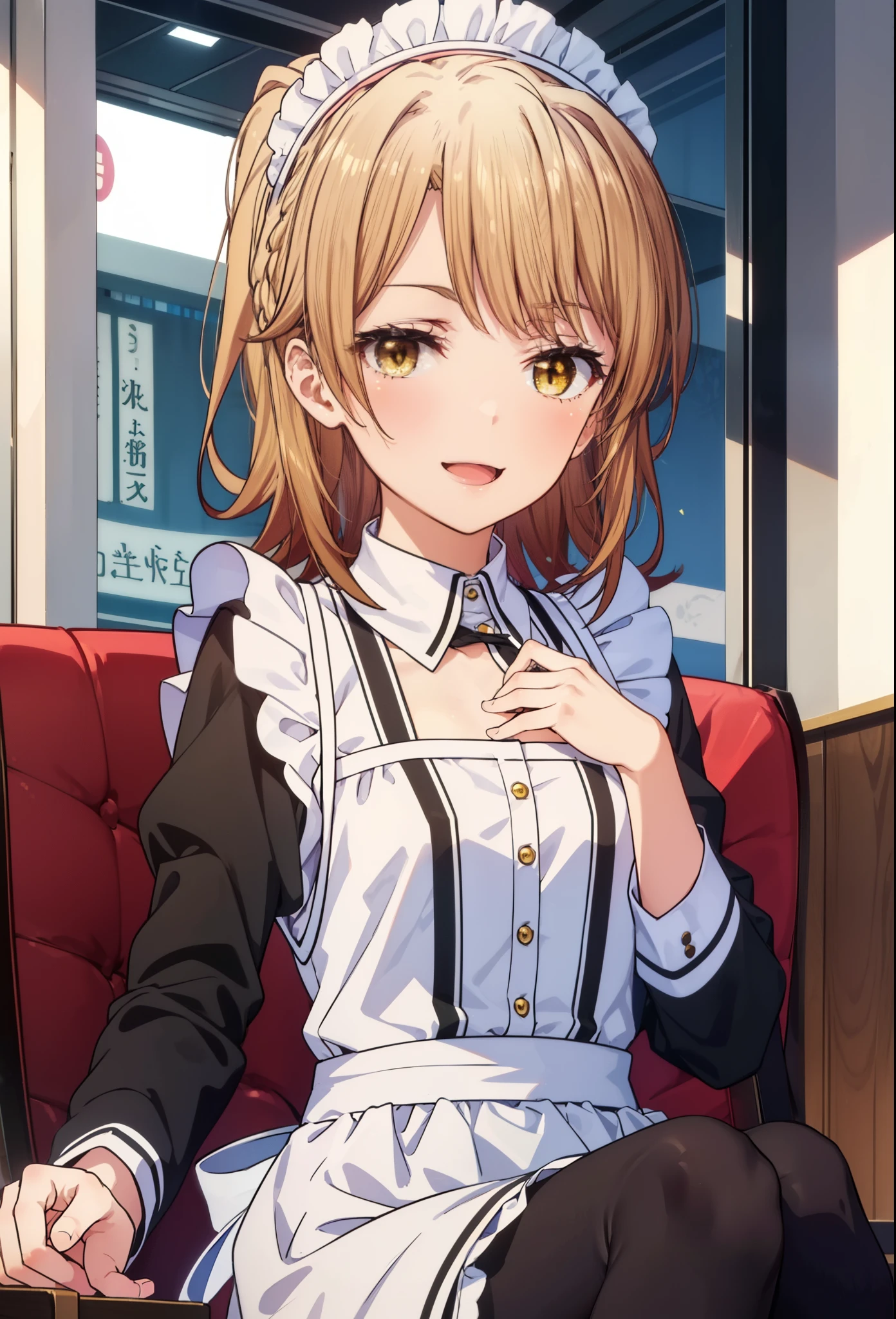 irohaisshiki, iroha isshiki, long hair, brown hair, (brown eyes:1.5), Smile, smile, open your mouth,short braided hair,ponytail,blush,smile,Maid clothes,bare chest,Medium chest,she was wearing a long skirt, black pantyhose, sitting cross-legged on a chair,So that the whole body goes into the illustration,
break indoors, coffee shop,
break looking at viewer,
break (masterpiece:1.2), highest quality, High resolution, unity 8k wallpaper, (shape:0.8), (fine and beautiful eyes:1.6), highly detailed face, perfect lighting, Very detailed CG, (perfect hands, perfect anatomy),